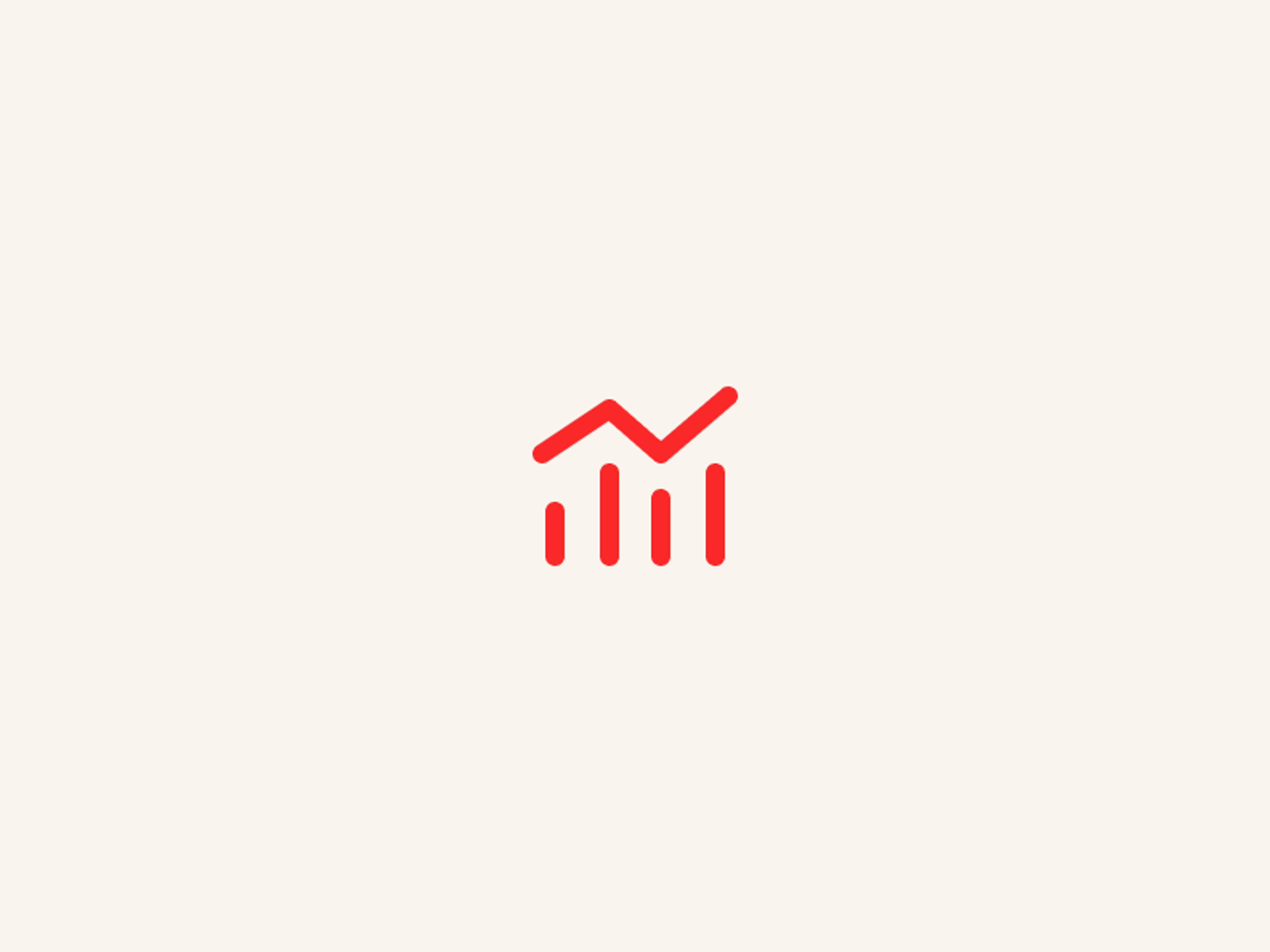 A simple red line graph icon with bars and an upward zigzag arrow, centered on a beige background.