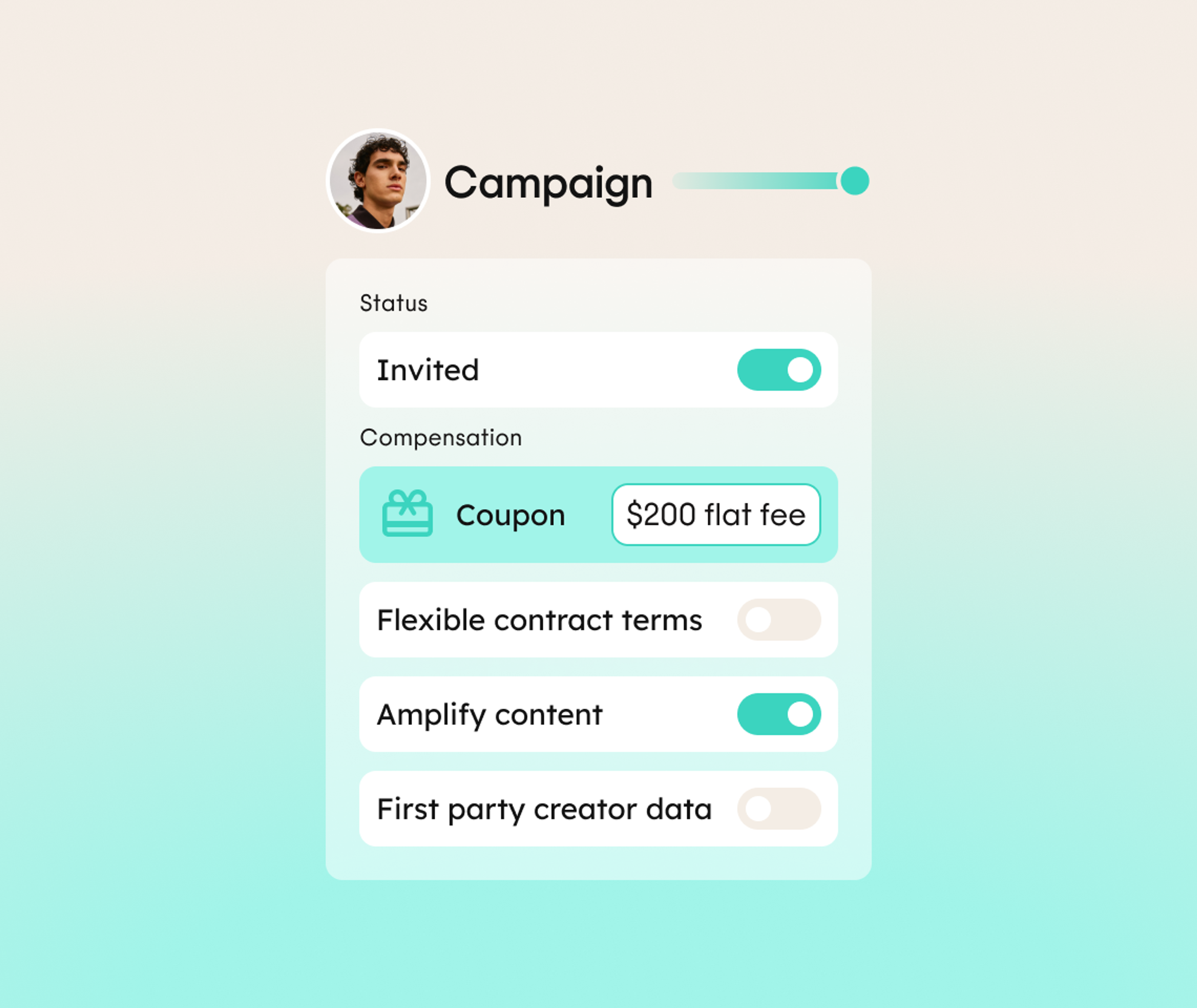 Profile image and campaign details: Status set to Invited. Compensation shows a $200 flat fee coupon. Flexible contract terms and amplify content are enabled, first party creator data is disabled.