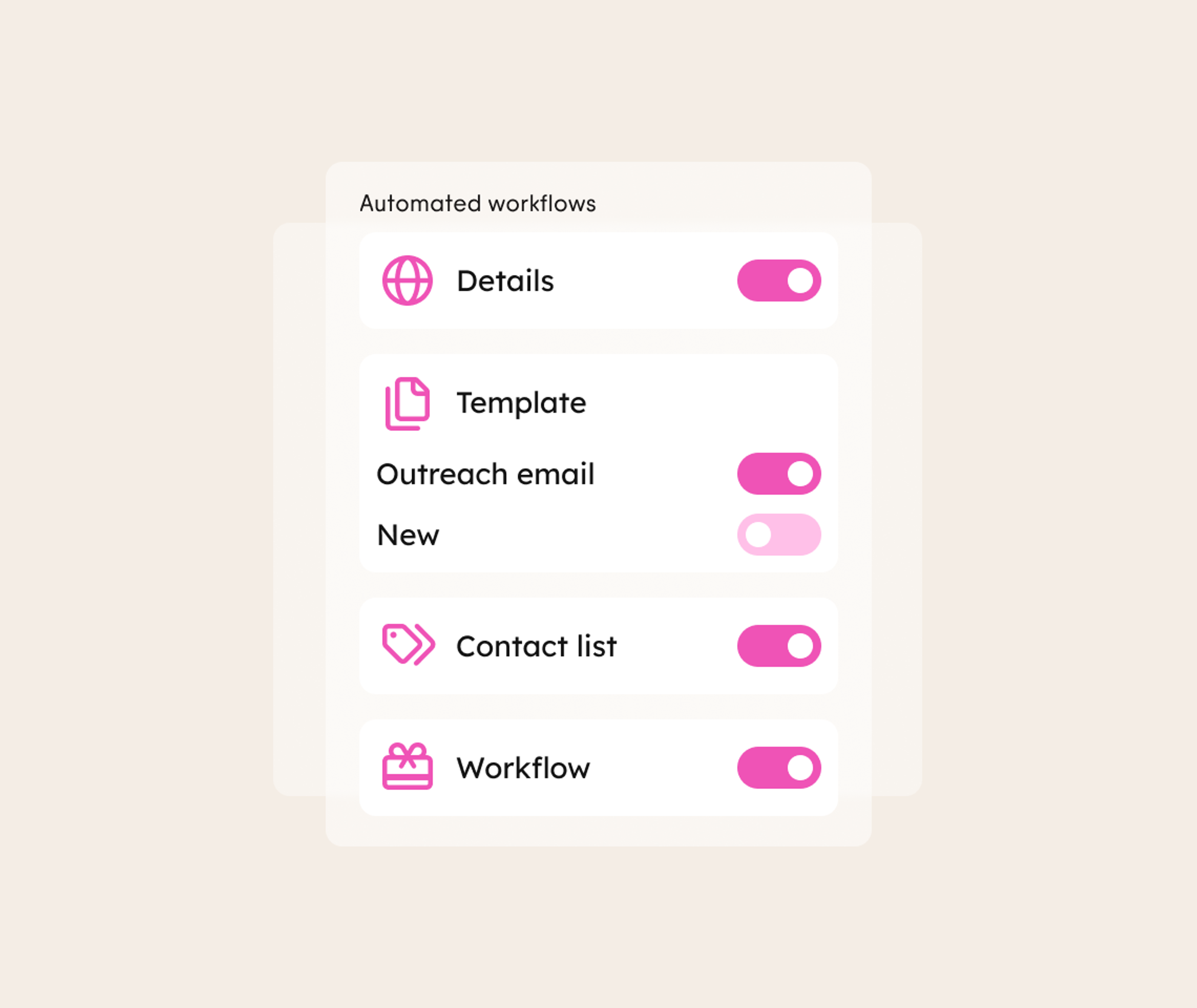 A UI panel titled Automated workflows shows toggles for Details, Template, Outreach email (on), New, Contact list (on), and Workflow. All icons and toggles are pink.