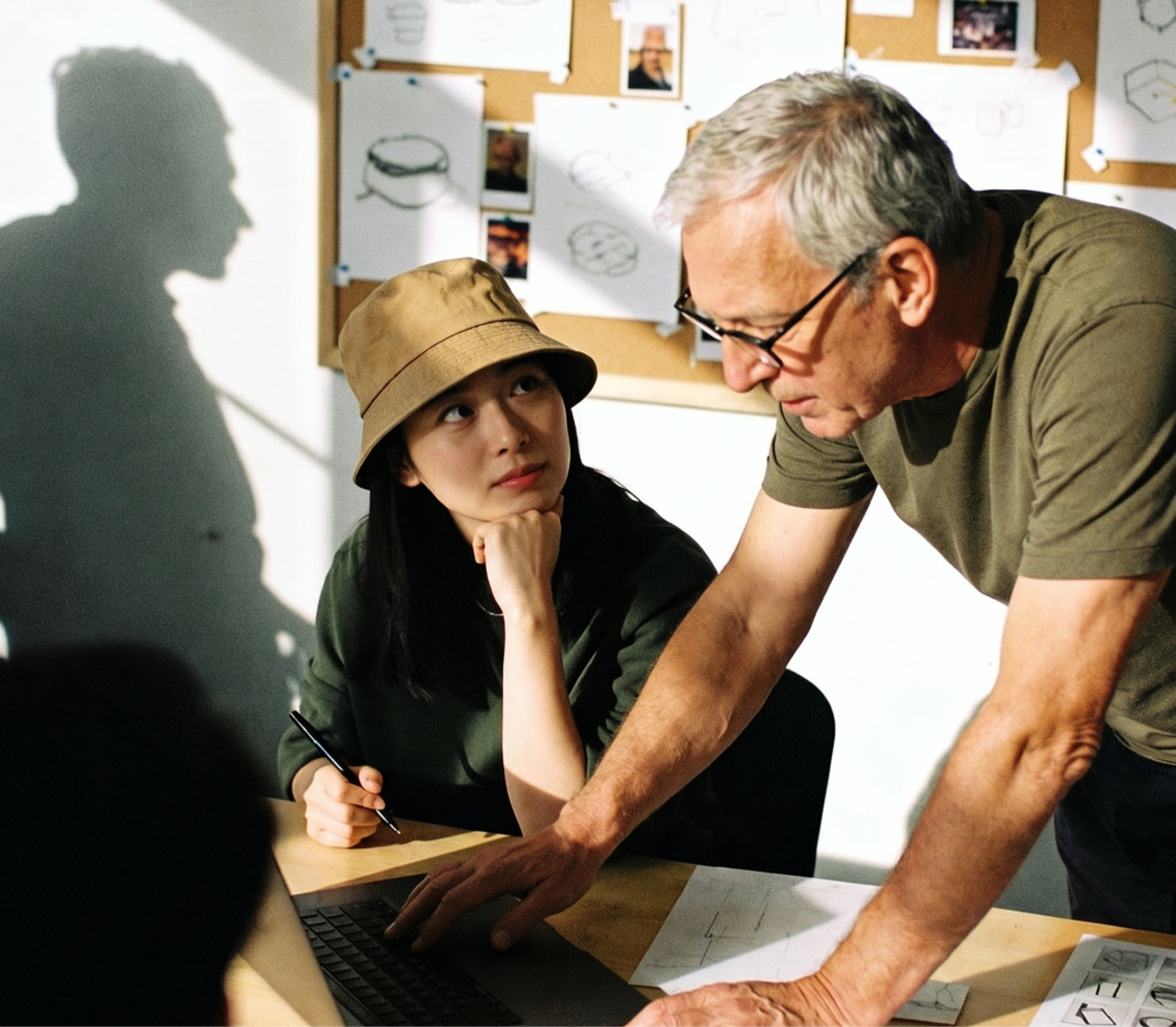 A young woman in a tan hat listens to an older man who is leaning over a table with a laptop. They appear to be discussing design sketches pinned on a board behind them.