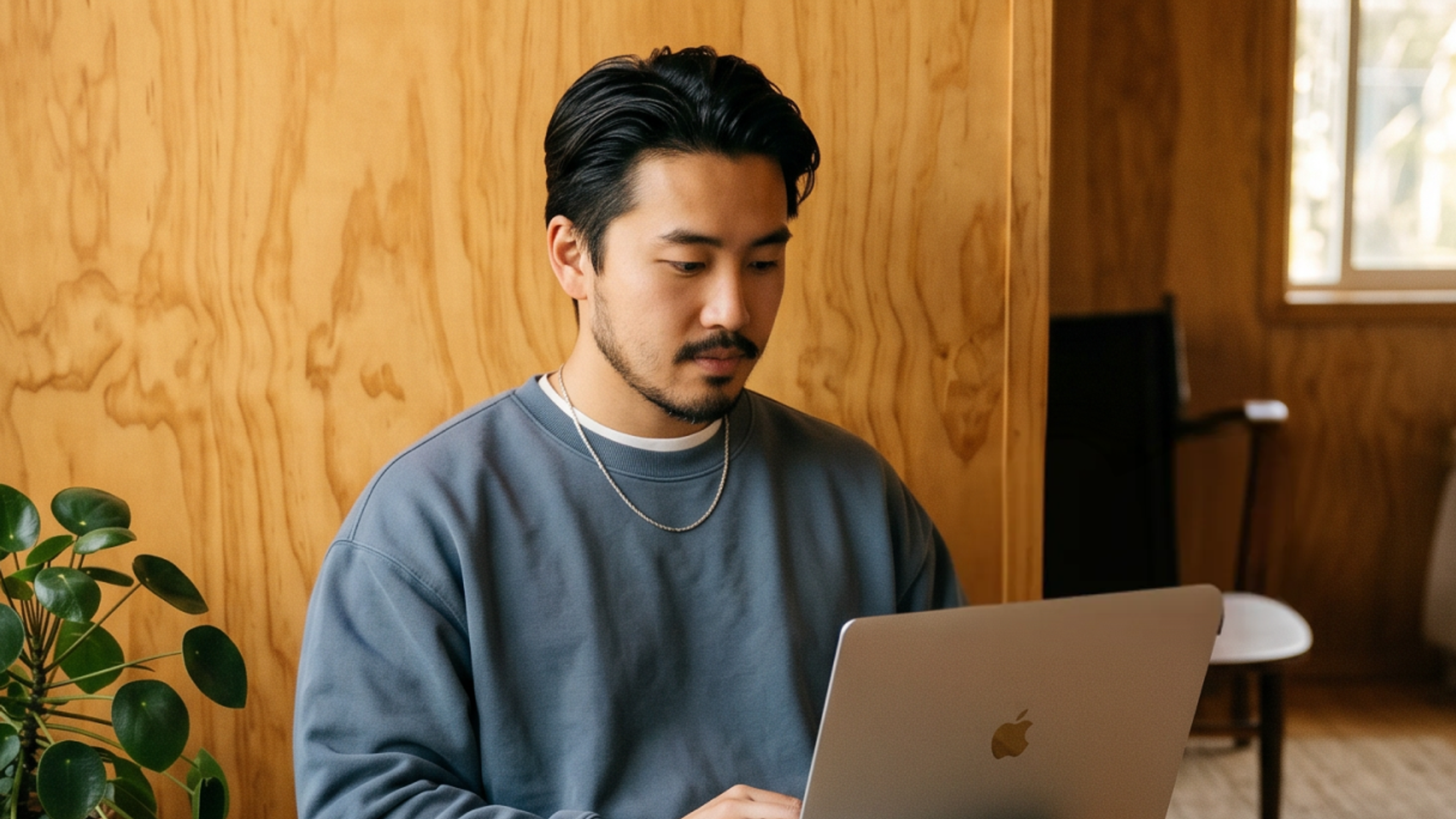 A person with dark hair and a beard sits indoors, wearing a gray sweatshirt and necklace, working on a silver laptop near a green plant against a wooden wall.