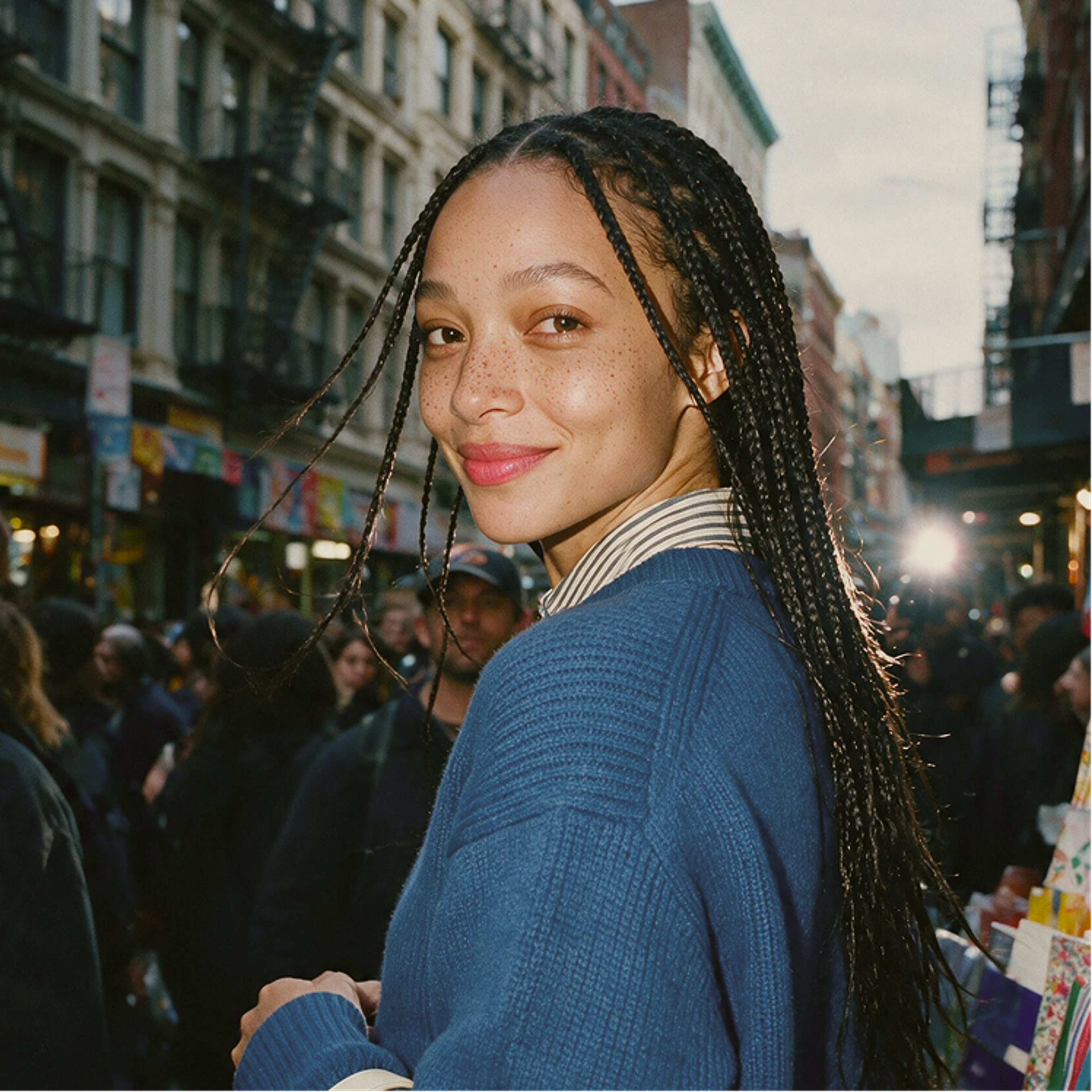 A woman with long braids and freckles smiles at the camera. She wears a blue sweater over a collared shirt and stands on a busy city street with people and buildings in the background.