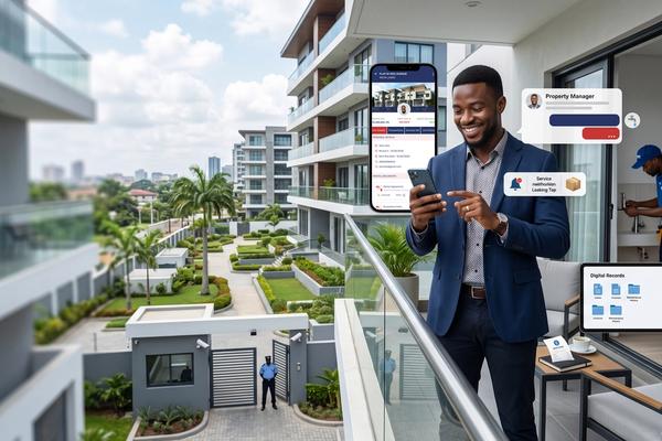 Nigerian tenant using a property management app on a smartphone while managing their rental home