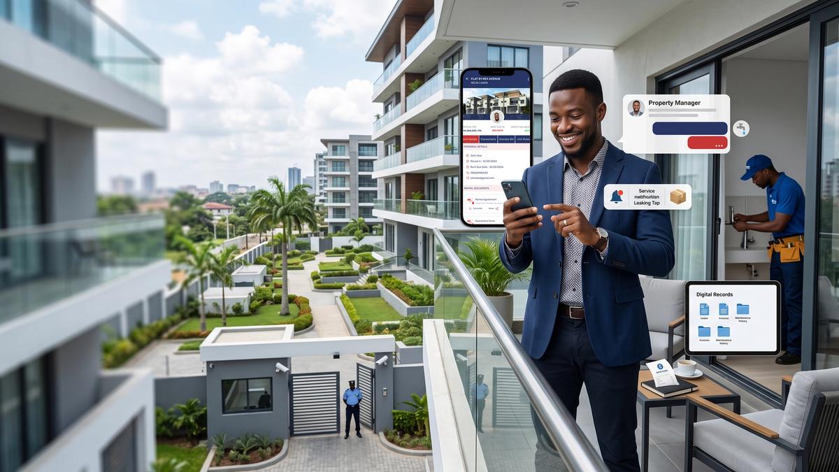 Nigerian tenant using a property management app on a smartphone while managing their rental home
