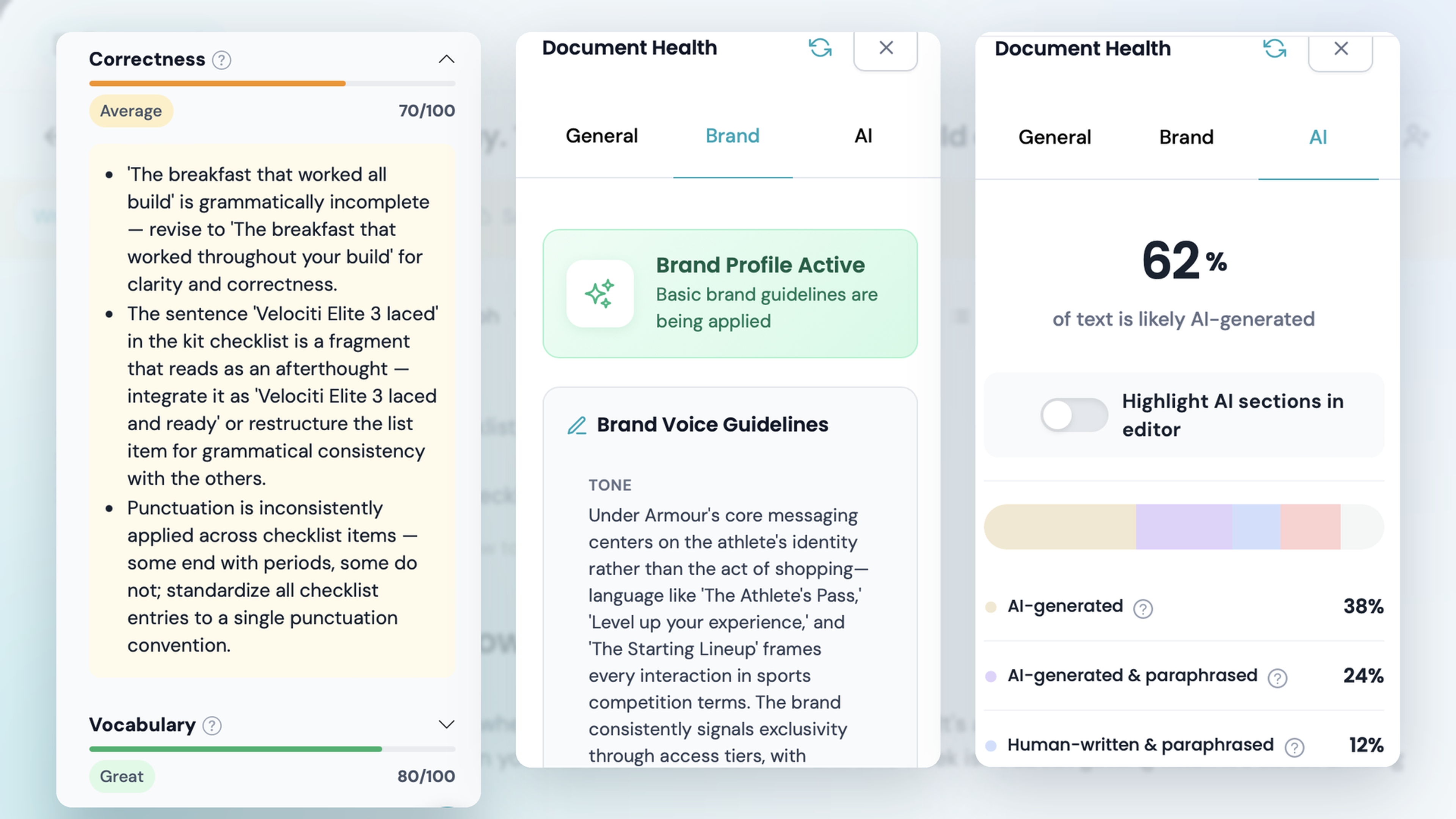 Vocable AI document review panel with health, AI detection and brand alignment tabs