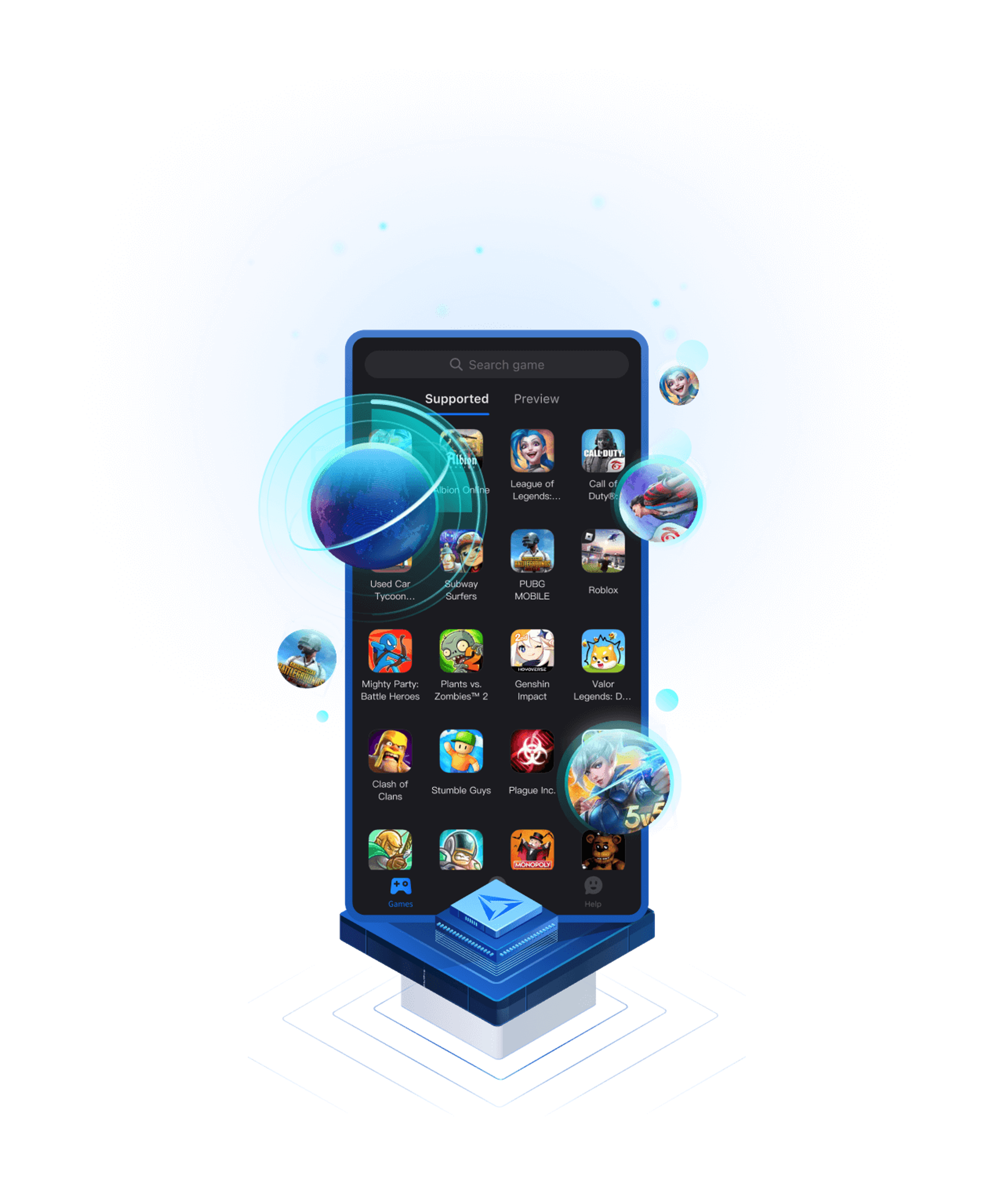 GearUP mobile app with the boost button highlighted next to a game
