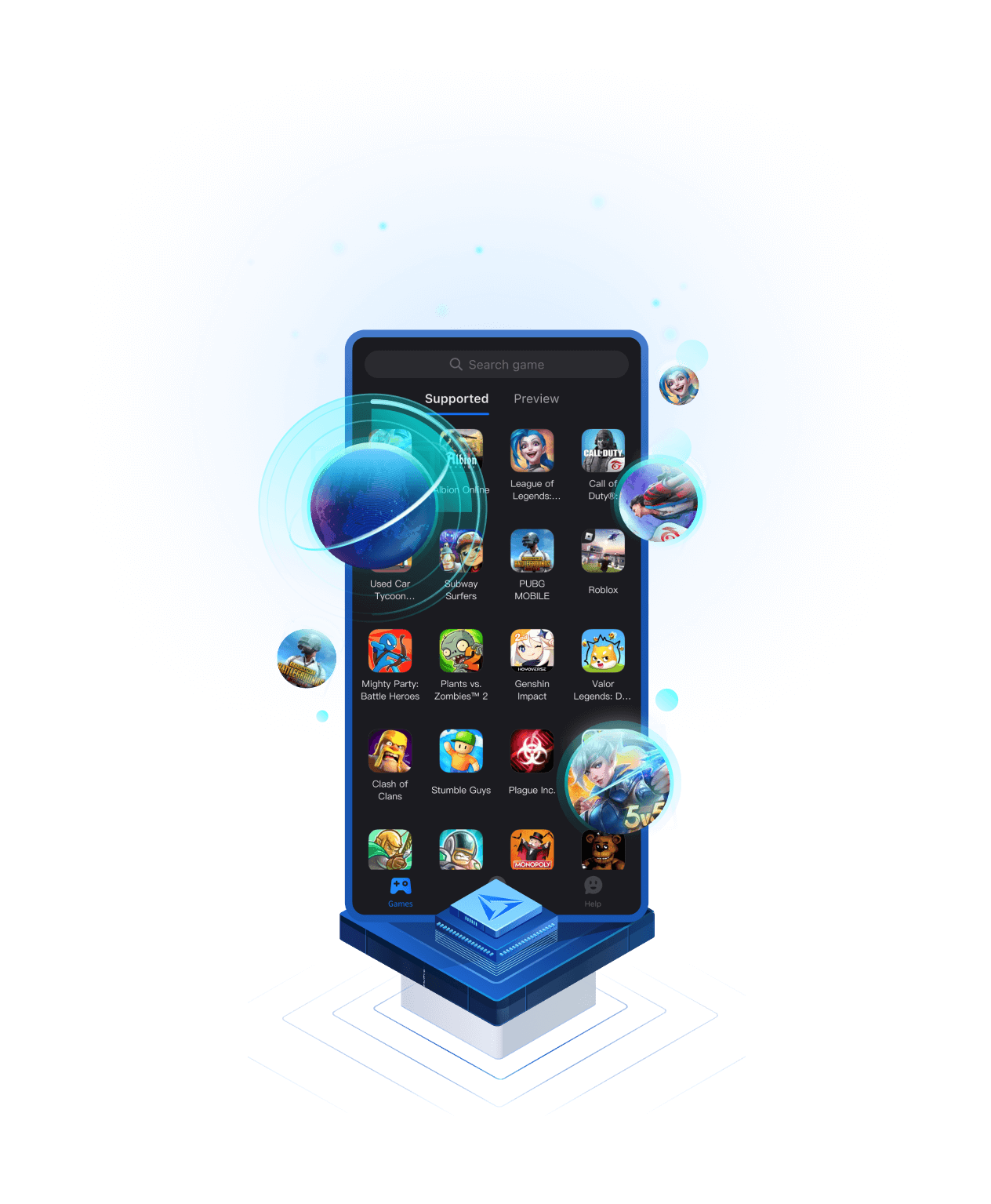 GearUP mobile app with the boost button highlighted next to a game