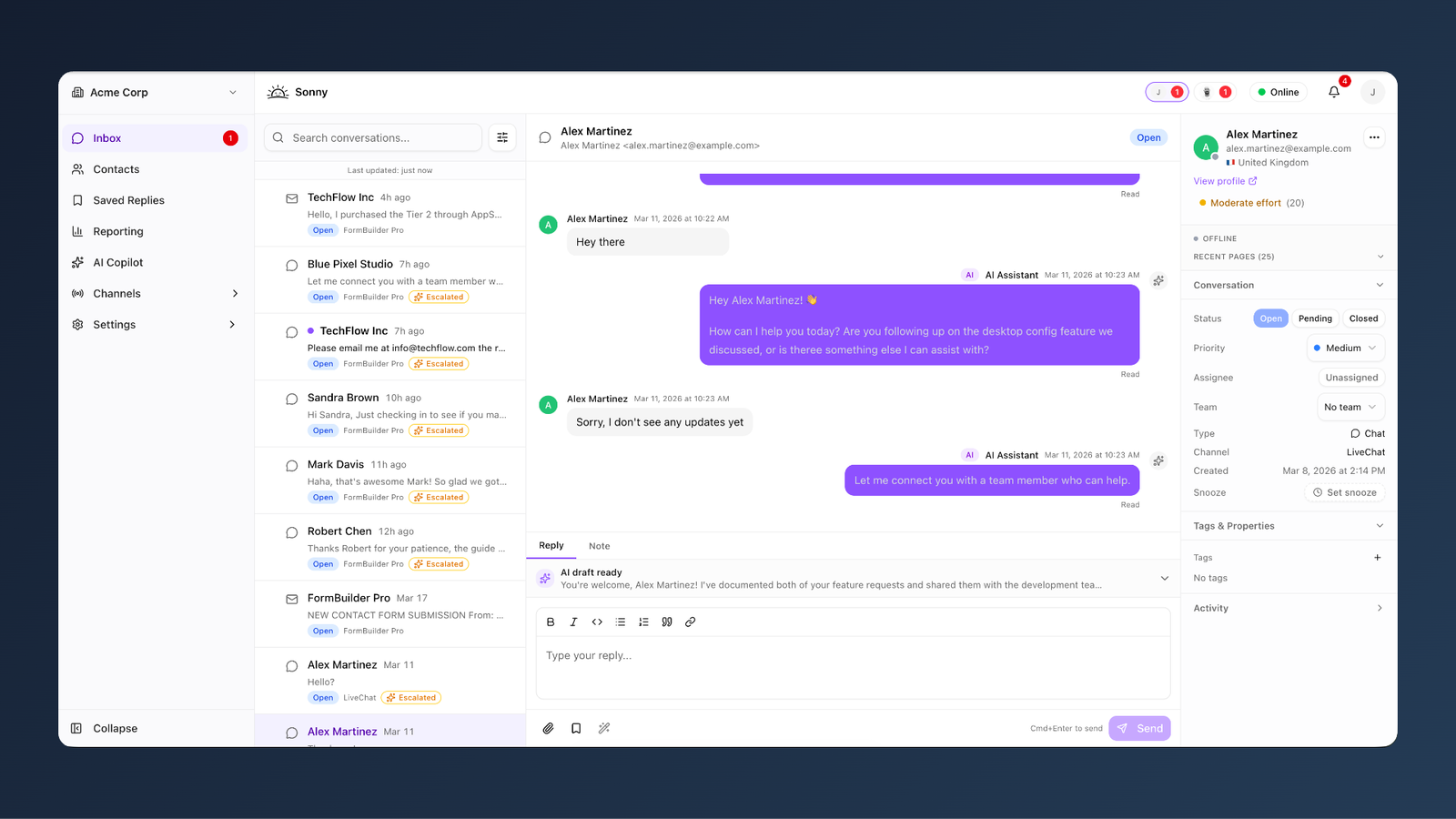 Sonny's unified inbox showing live chat and email conversations in one list