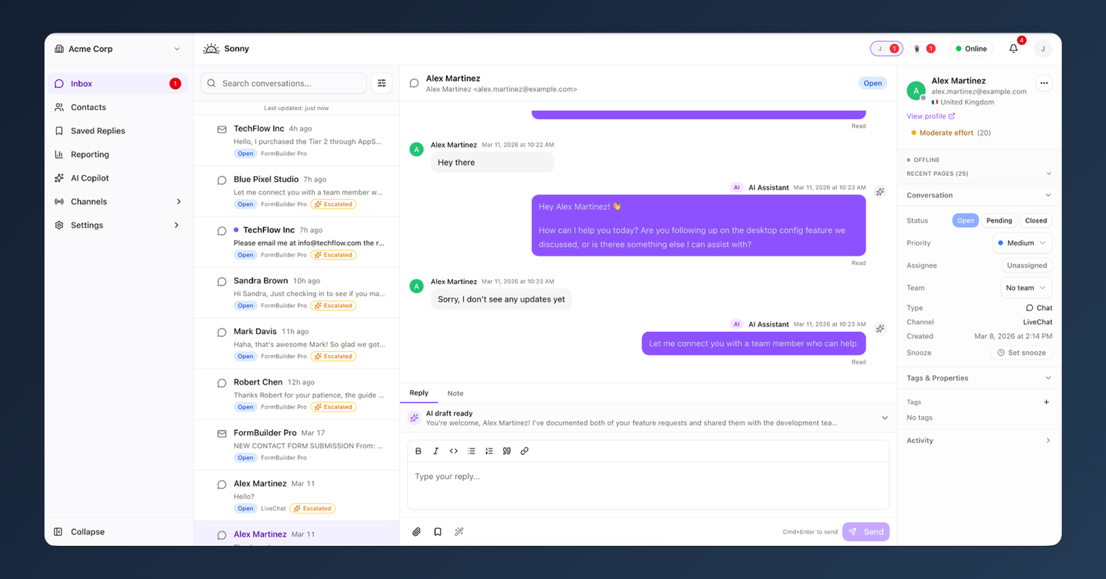 Sonny's unified inbox showing live chat and email conversations in one list