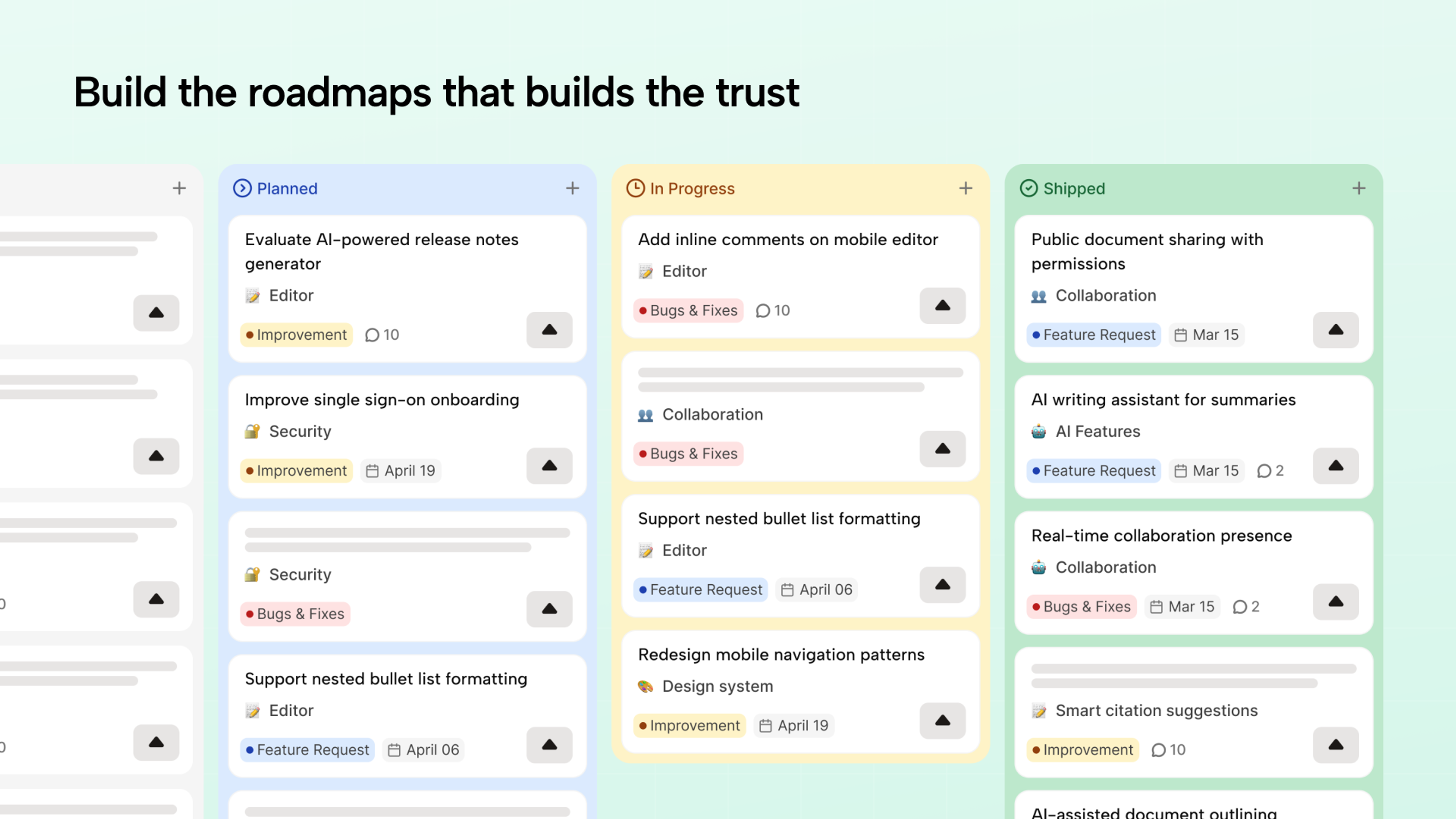 ProductBridge public roadmap with planned, in progress and shipped columns
