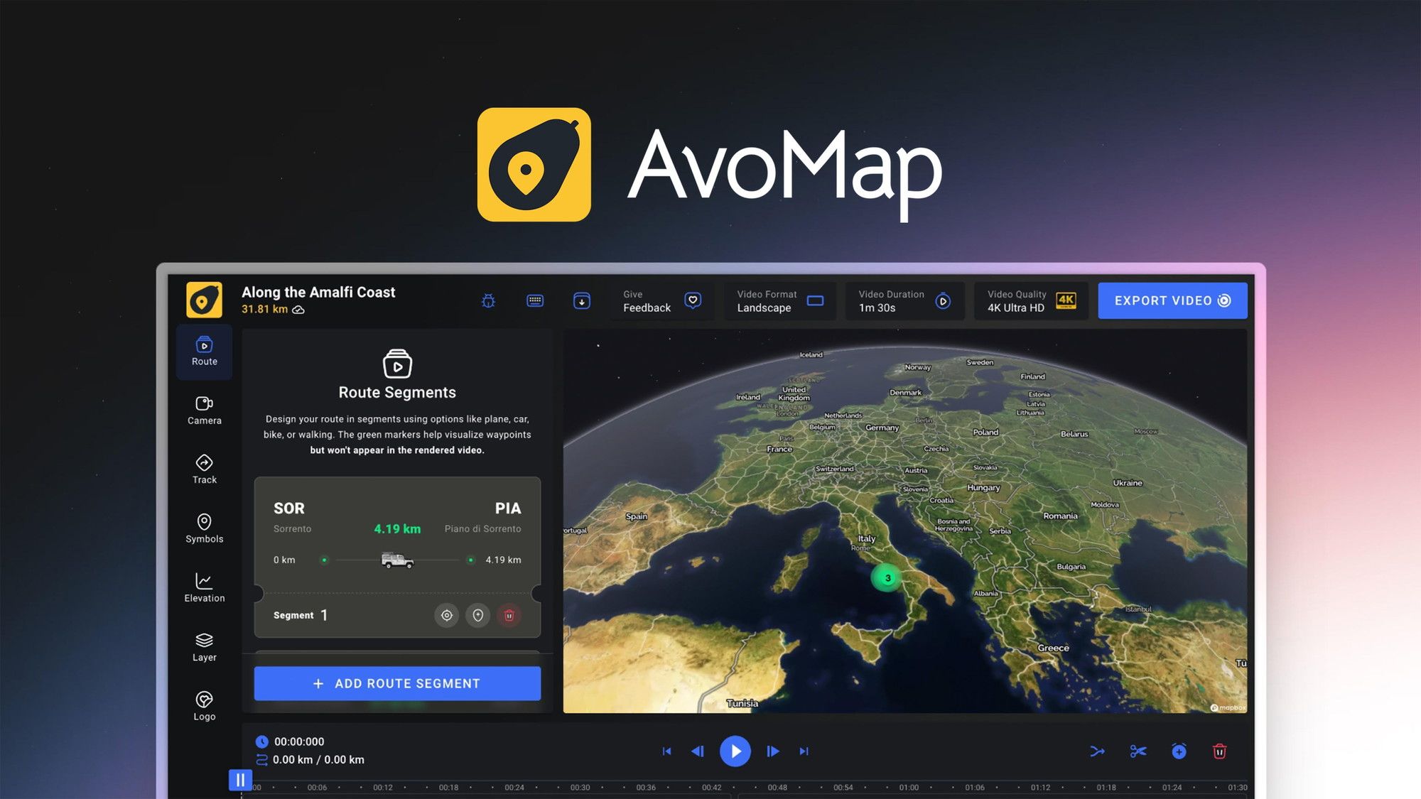 AvoMap 3D animated map showing a route across mountains