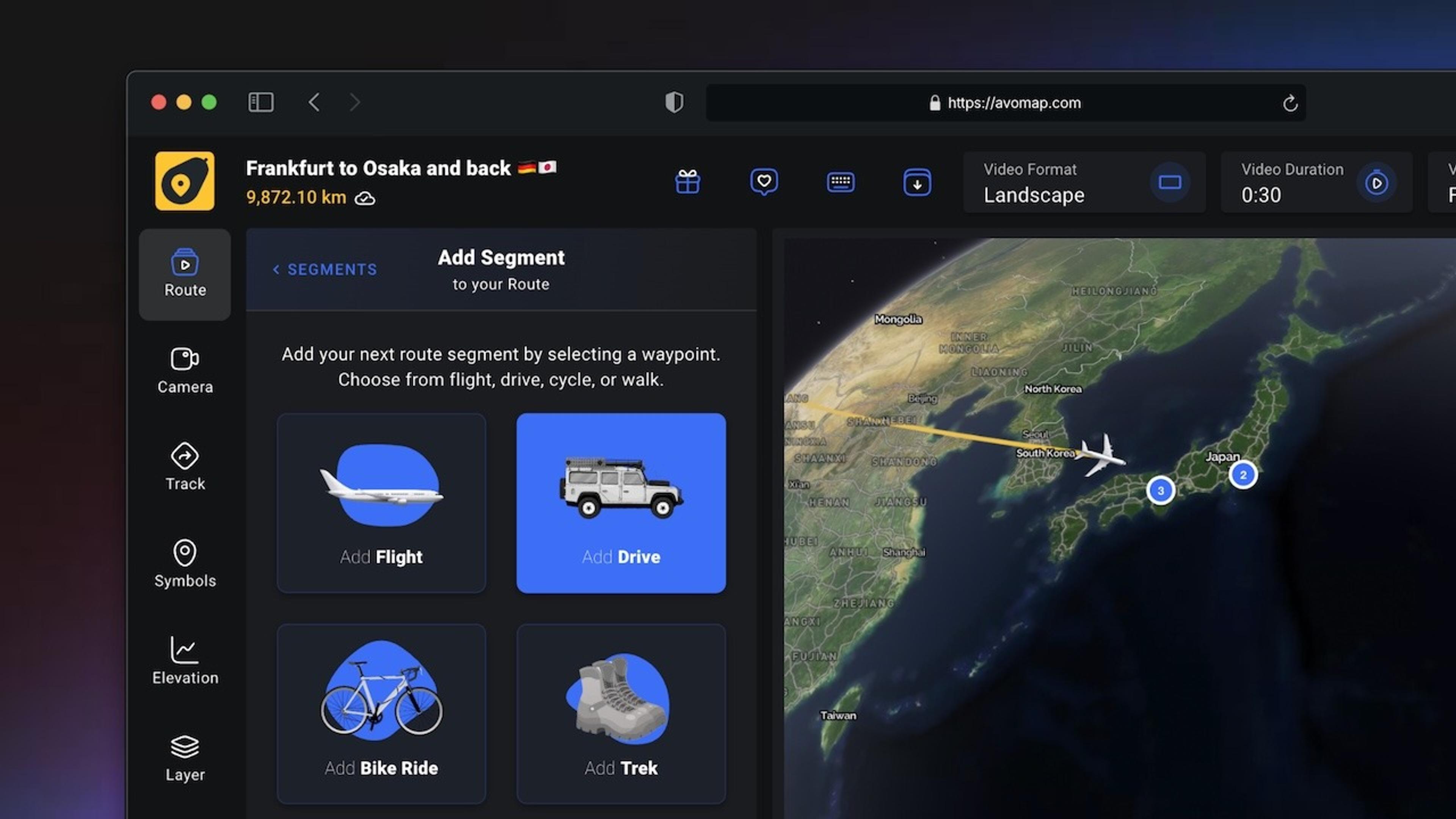 AvoMap animated map highlighting countries on a flight route