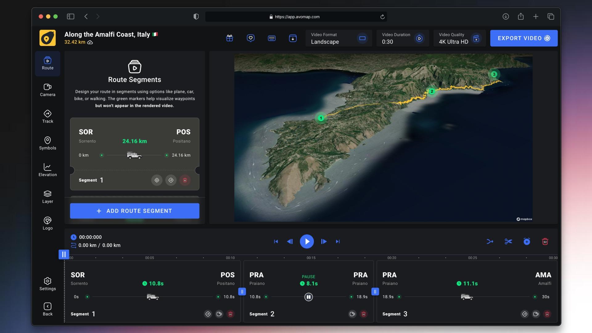 AvoMap route with multiple travel segments and markers