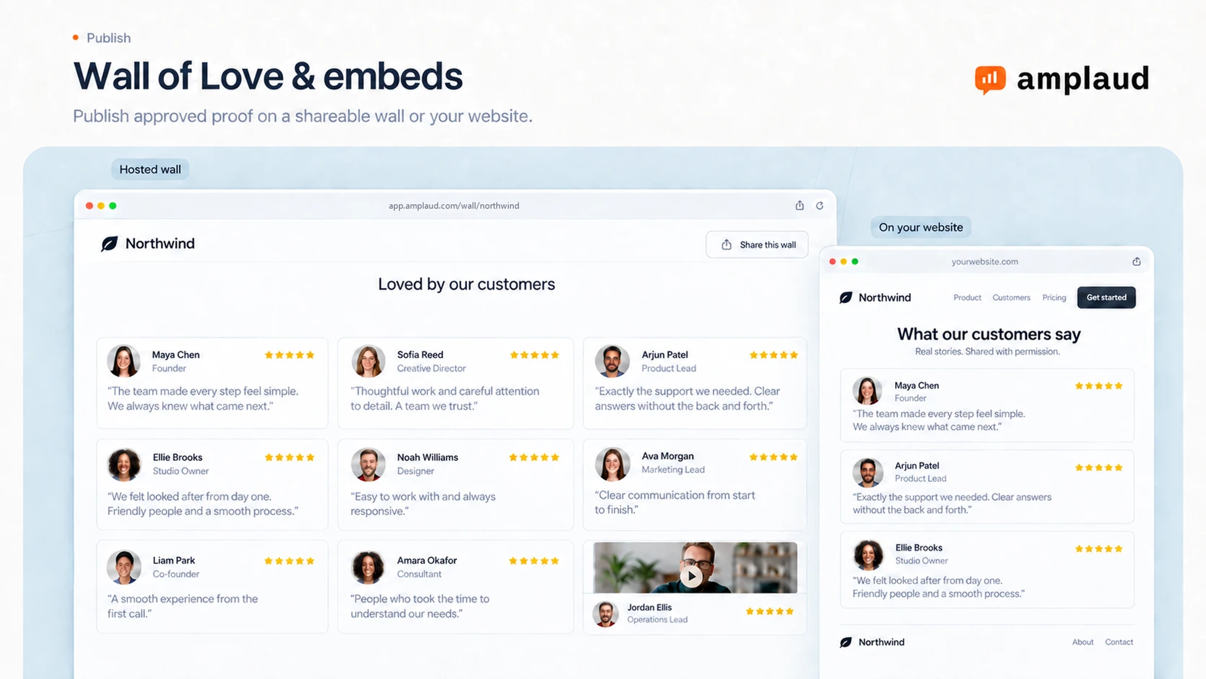 Amplaud Wall of Love page displaying approved customer testimonials