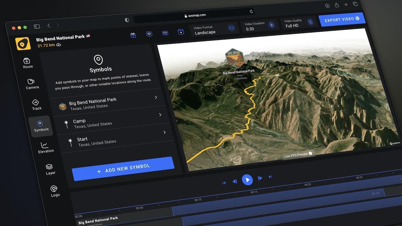 AvoMap track styling with elevation and distance labels