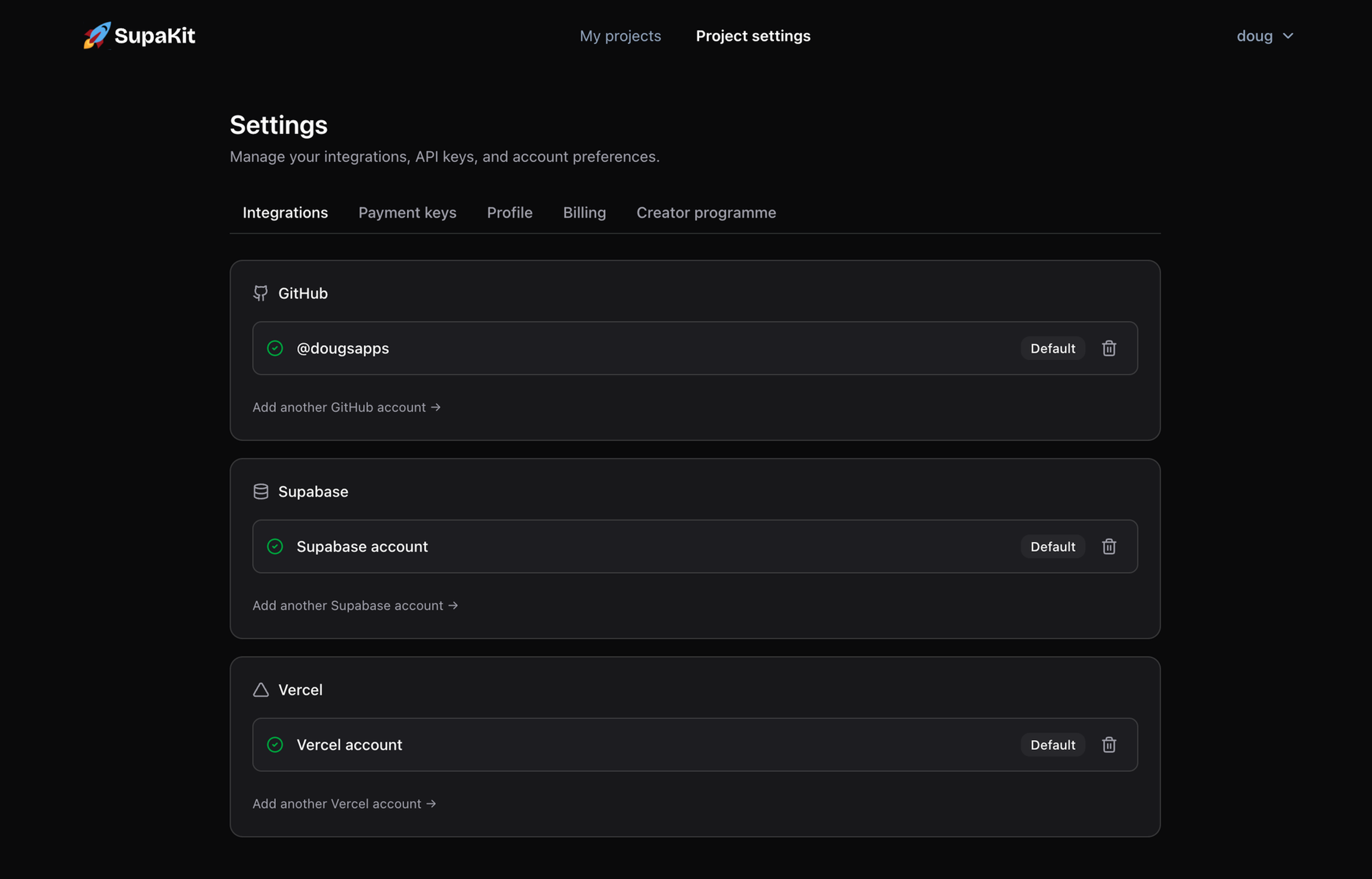 SupaKit integrations screen for connecting GitHub, Supabase and Vercel accounts