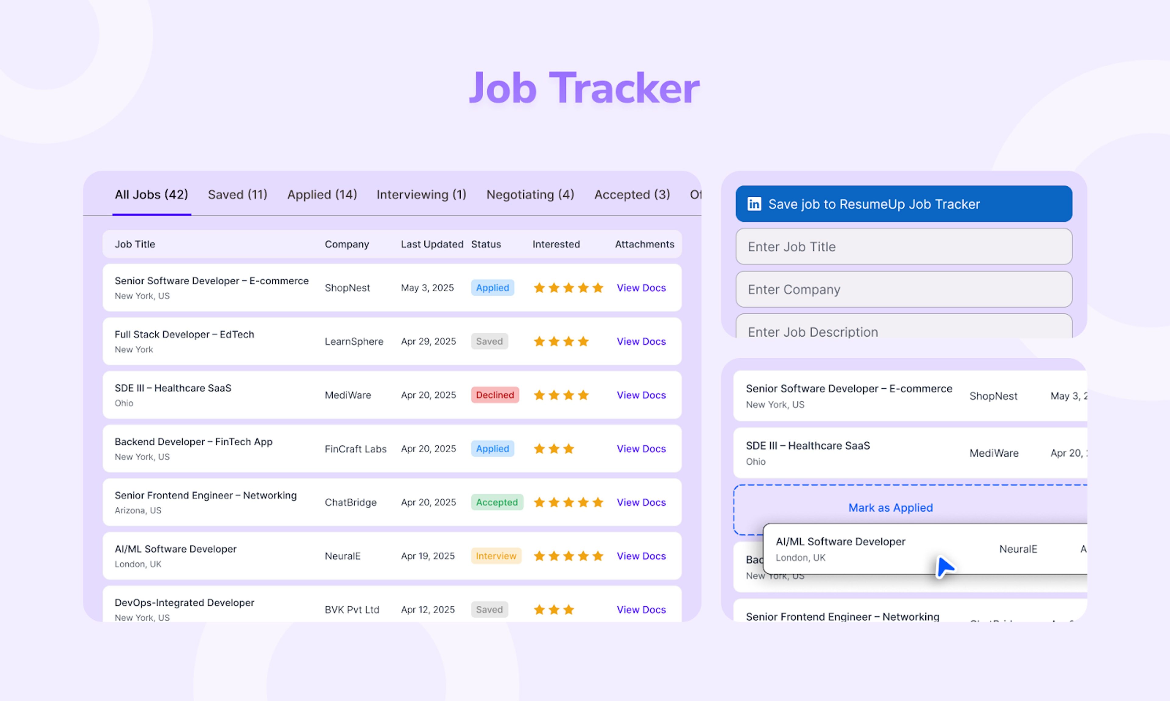 ResumeUp.AI job application tracker with saved and applied columns