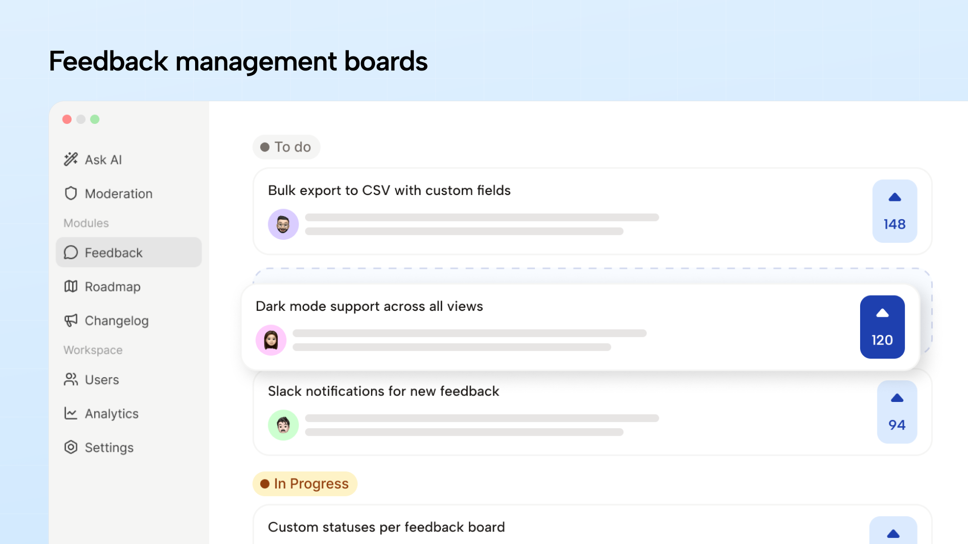 ProductBridge feedback board with requests, votes and statuses