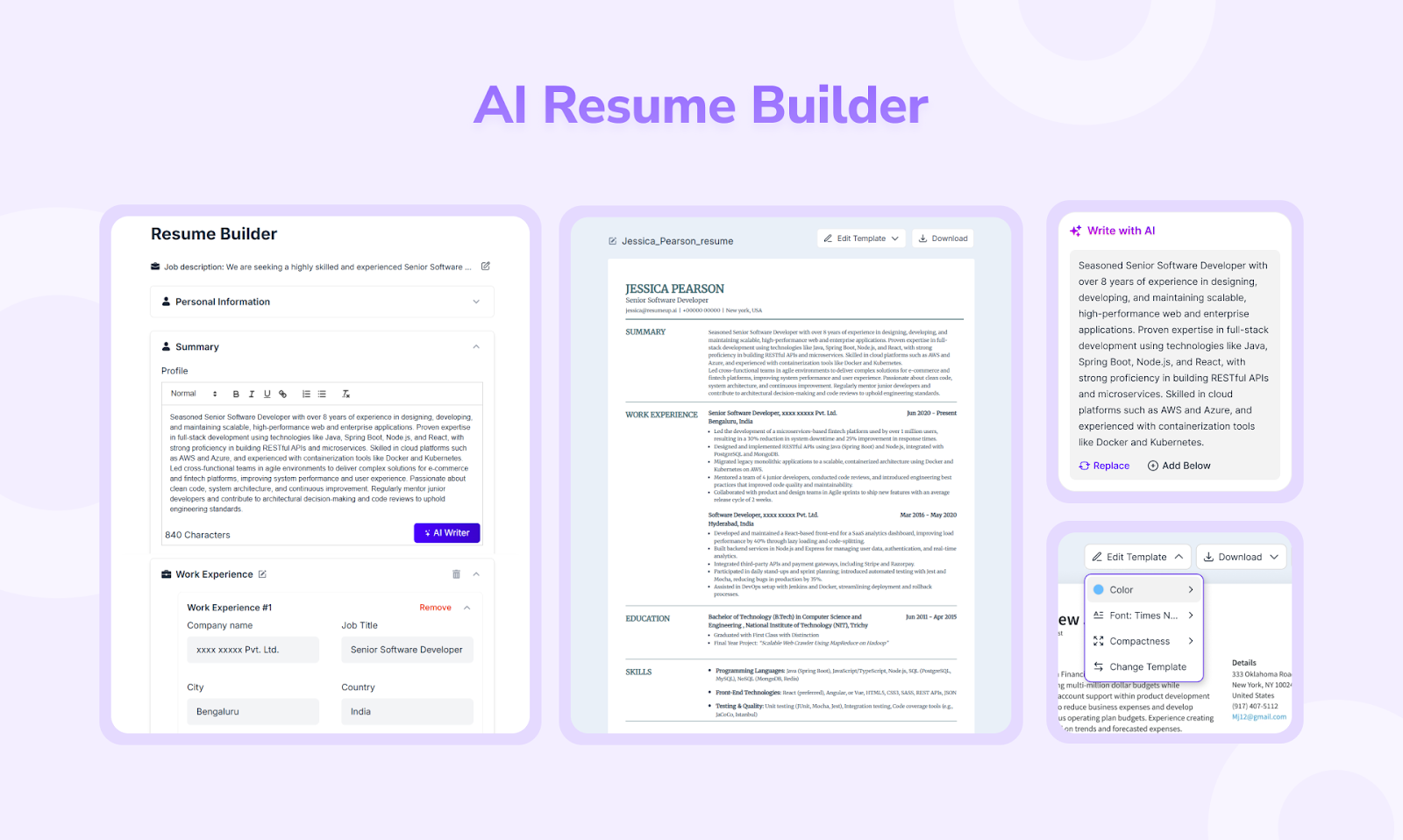 ResumeUp.AI resume builder with AI writing suggestions beside a resume preview