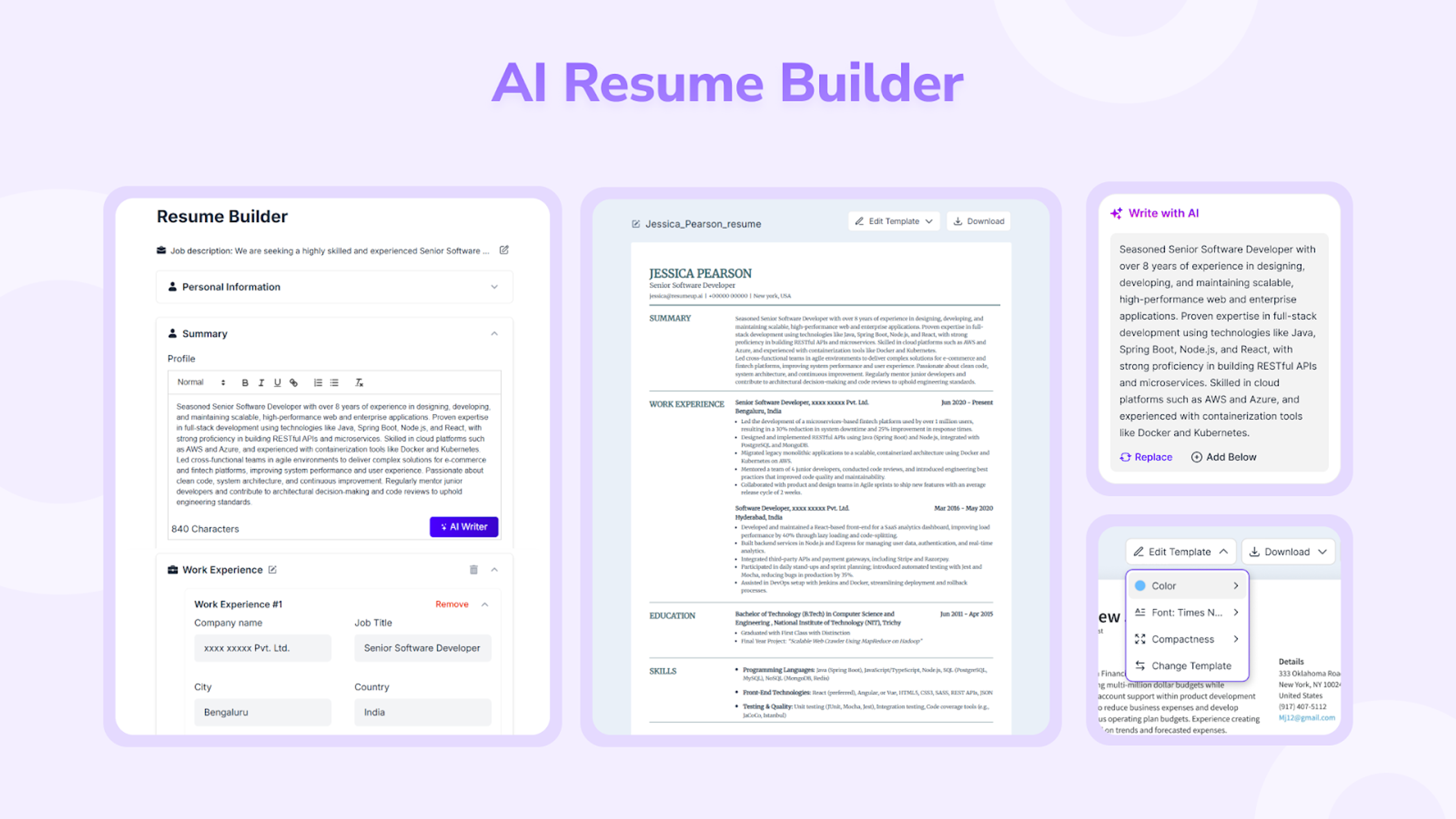 ResumeUp.AI resume builder with AI writing suggestions beside a resume preview