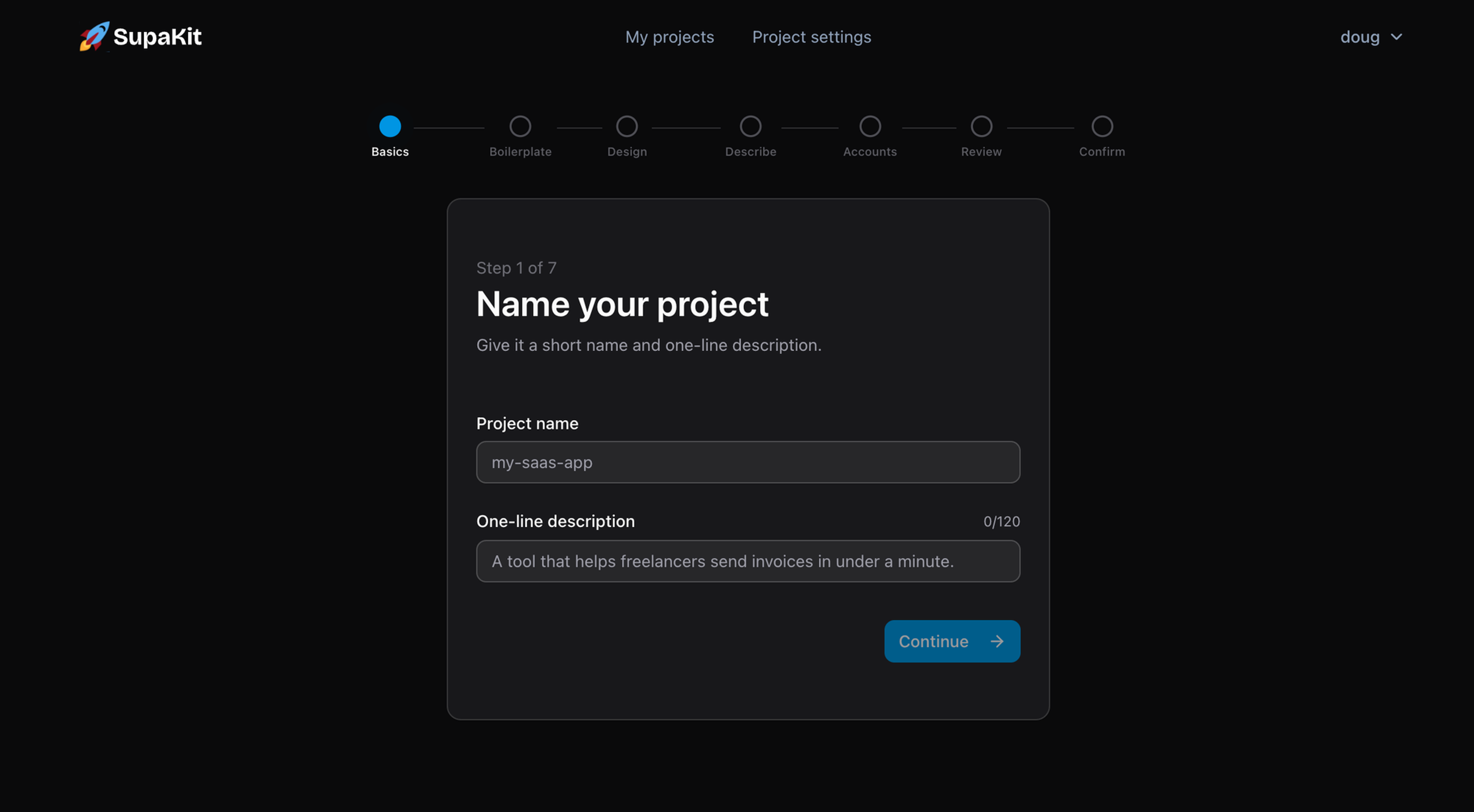 SupaKit new project wizard with project name and description