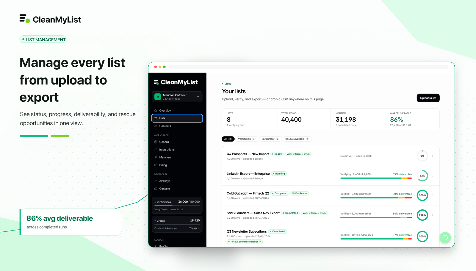 CleanMyList contact database with lists and source references