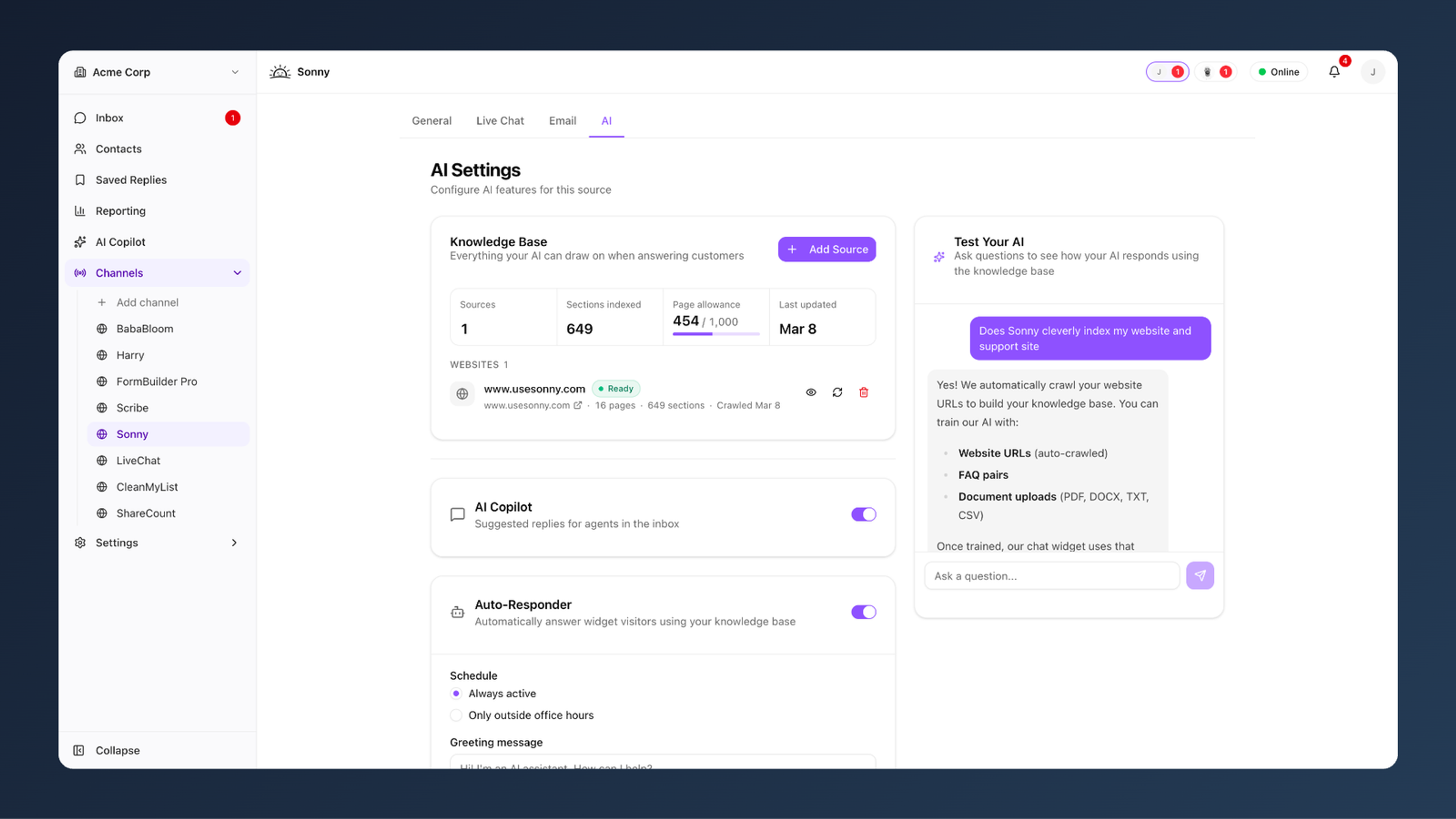 Sonny AI knowledge sources screen listing website pages and documents