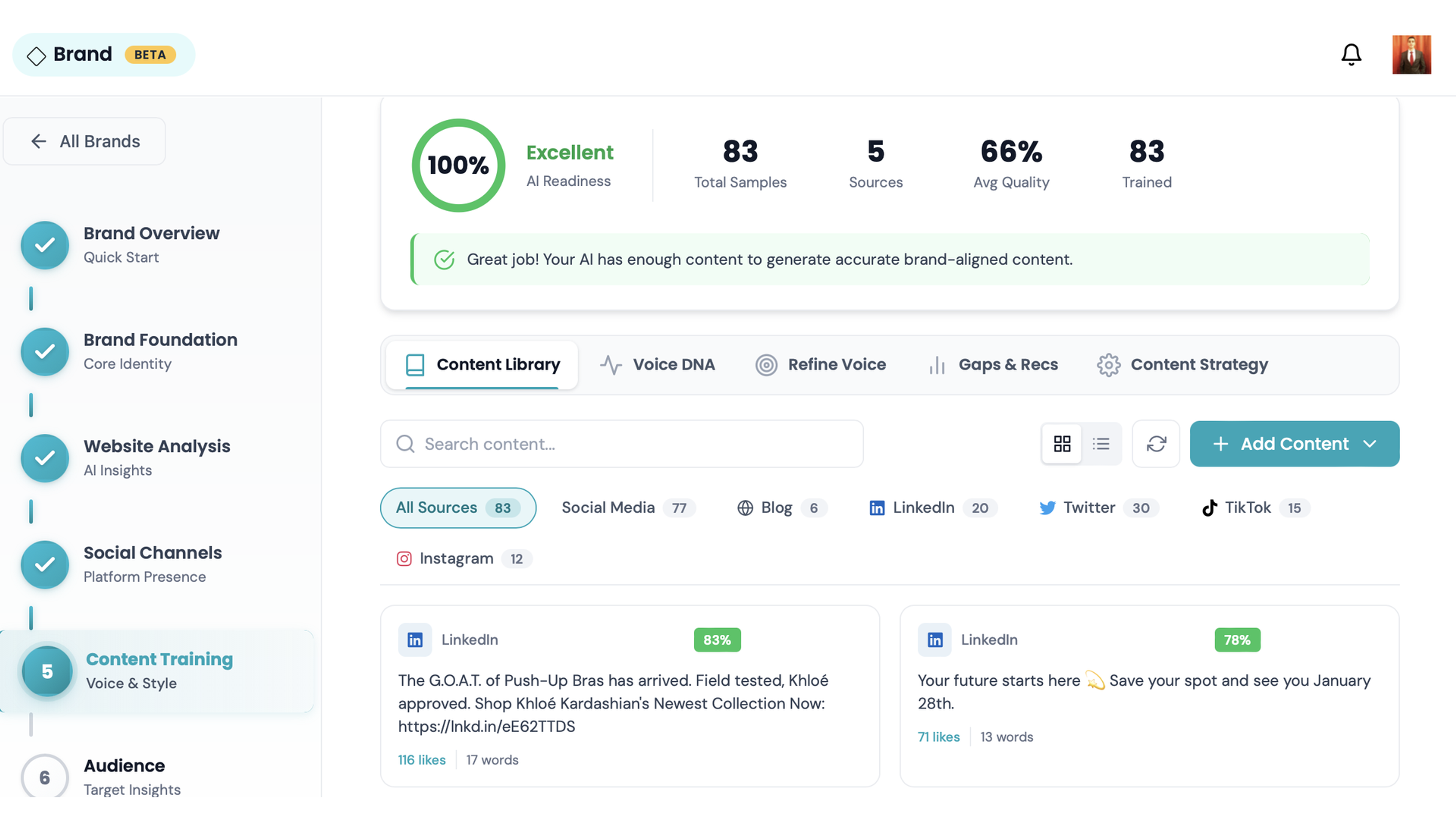 Vocable AI brand intelligence screen with tone, audience and messaging