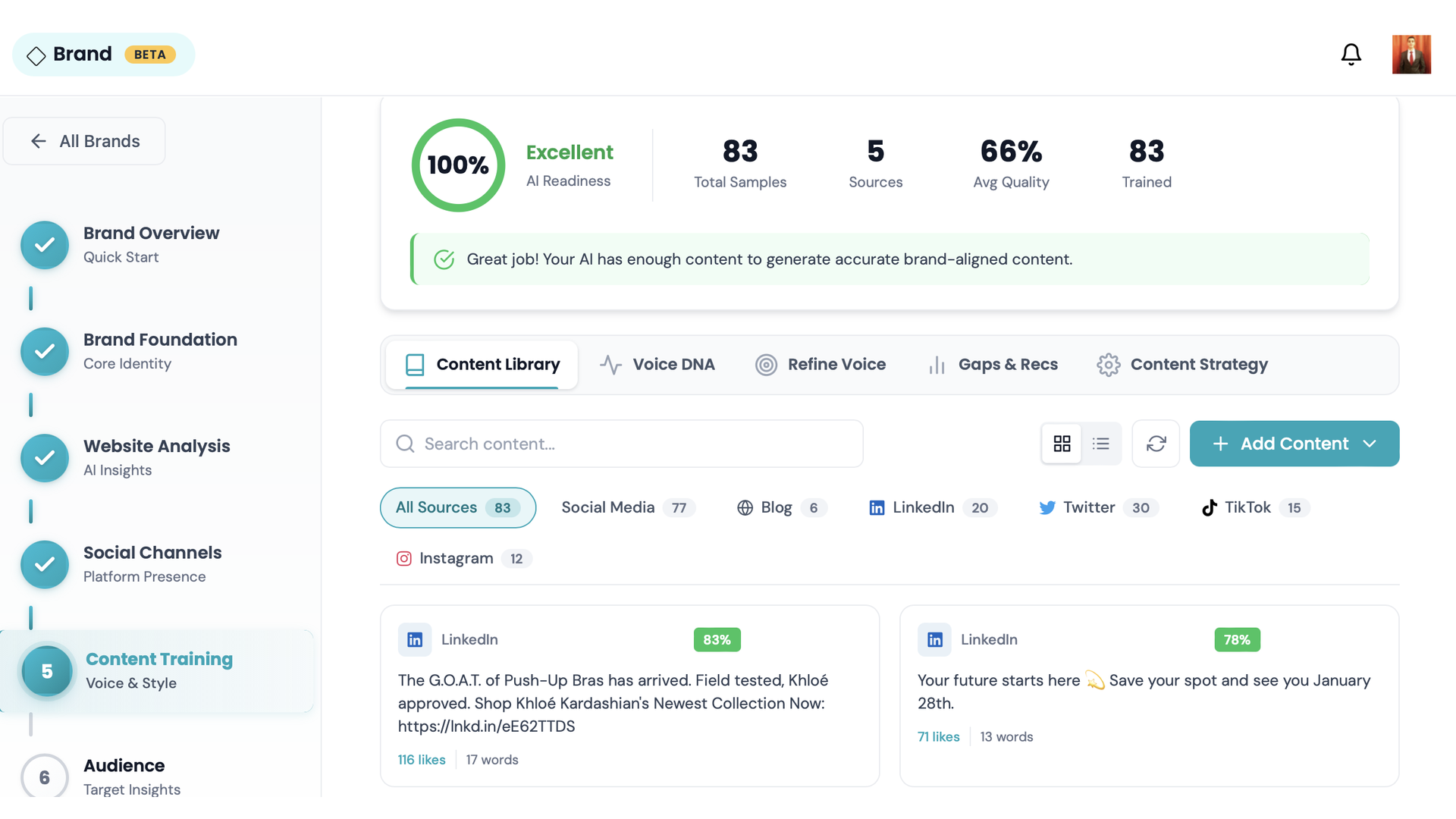 Vocable AI brand intelligence screen with tone, audience and messaging