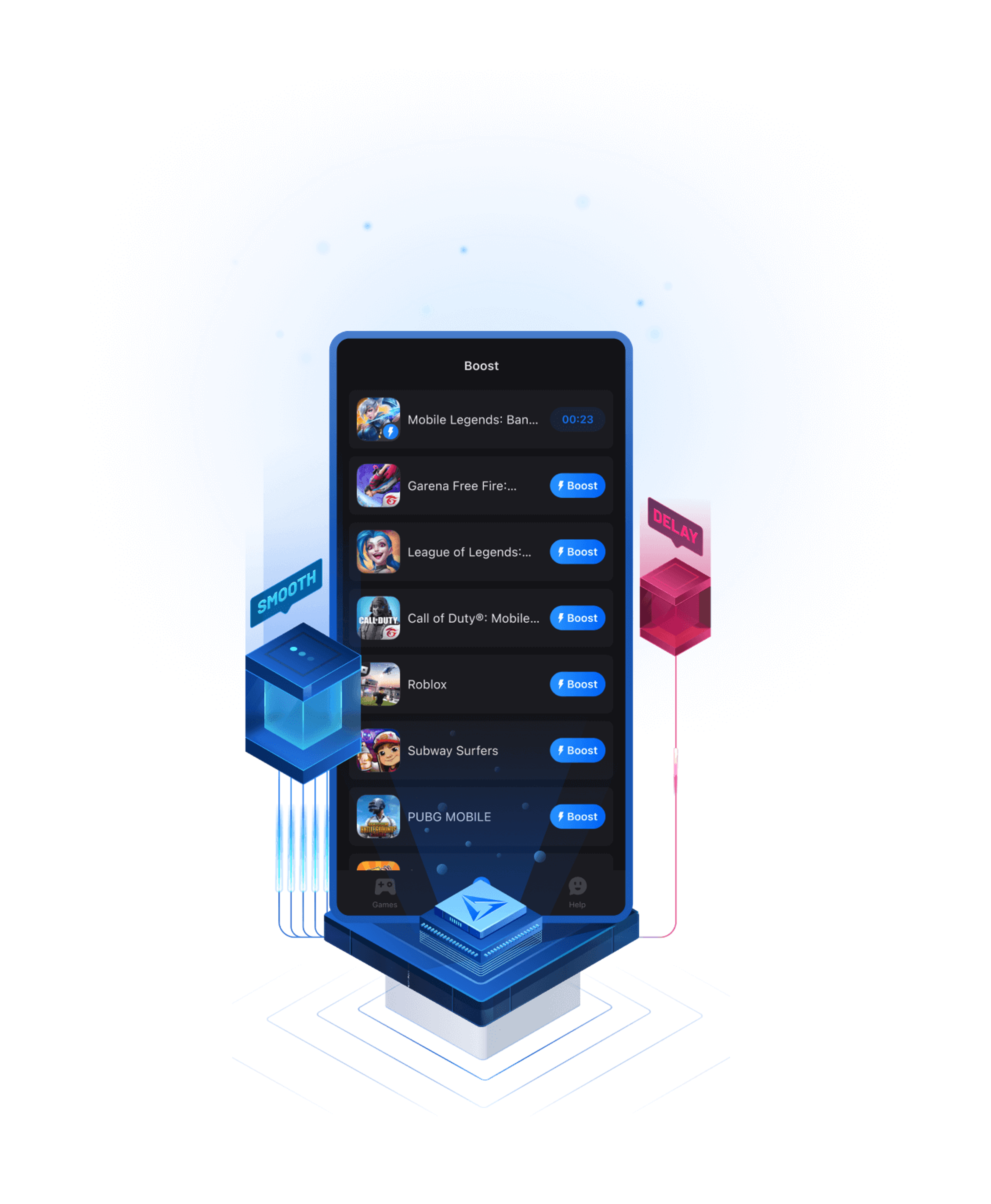 GearUP mobile app game library with supported game icons