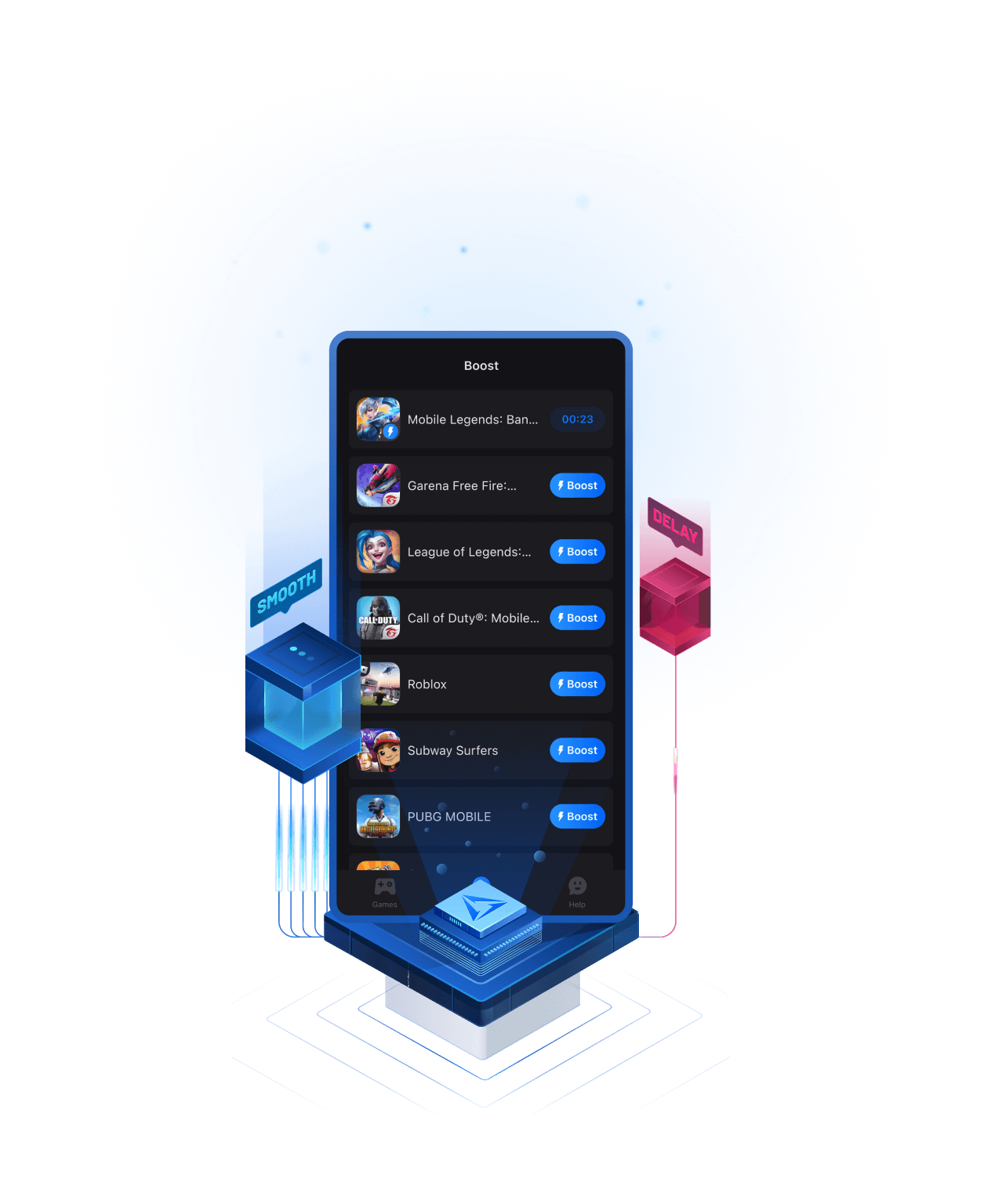 GearUP mobile app game library with supported game icons