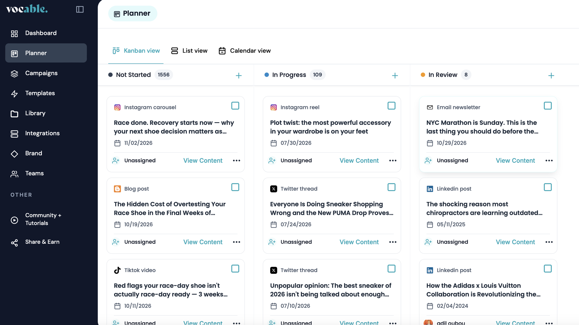 Vocable AI content planner showing a 30-day campaign across channels