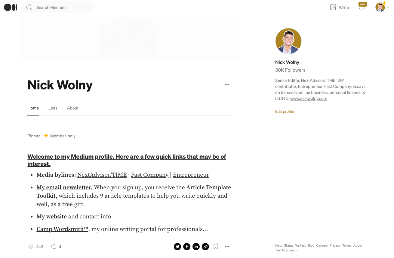 screenshot of an author bio page on medium that has no images or design at all