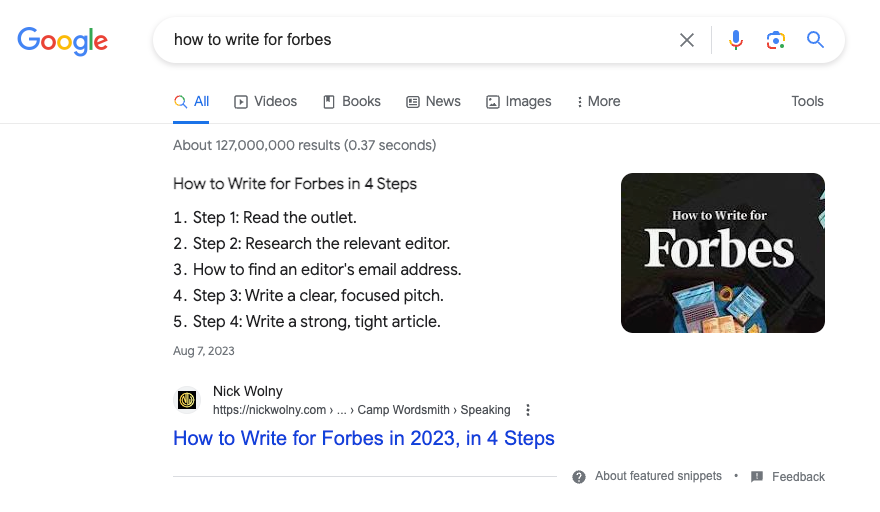 screenshot of google search results to show seo for writers best practices