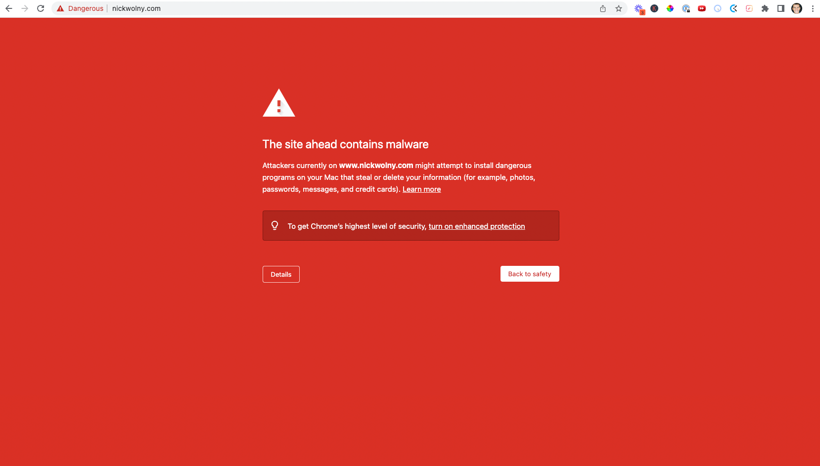 screenshot of a red screen with an error message that says "site infected with malware"