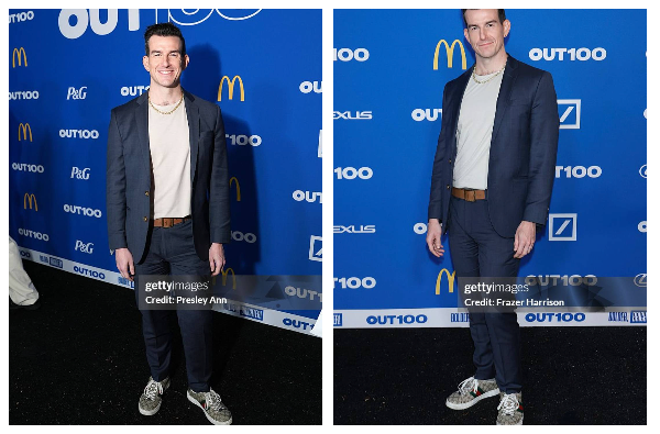 2 photos of man in a suit posing for photo