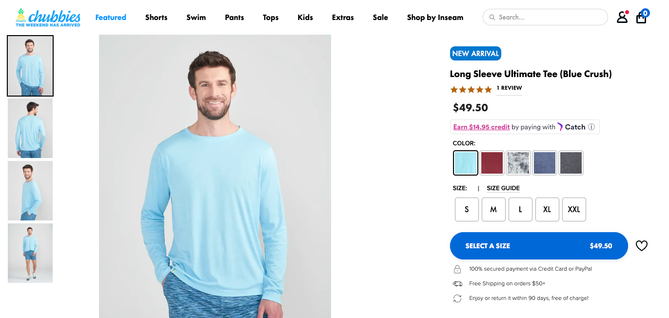 screenshot of an ecommerce product page with man in a longsleeve blue shirt