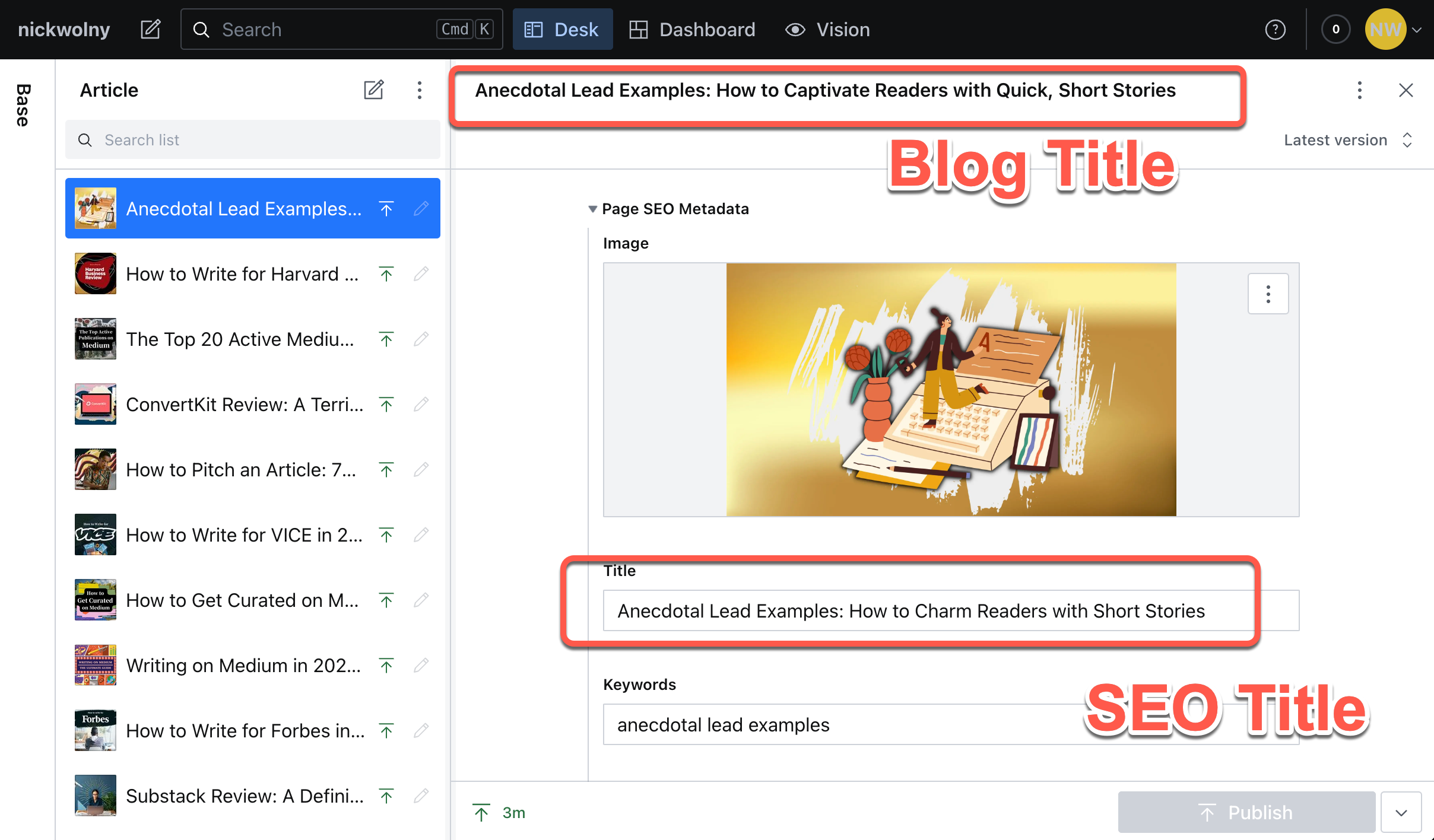 Screenshot of CMS backend showing different spots for blog title and SEO title, to improve seo for writers