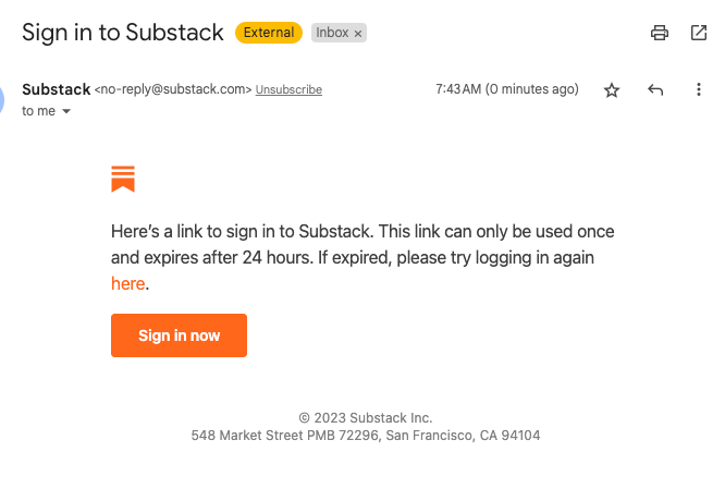 screenshot of a signup email from substack
