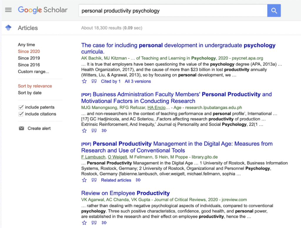 screenshot of search results in google scholar