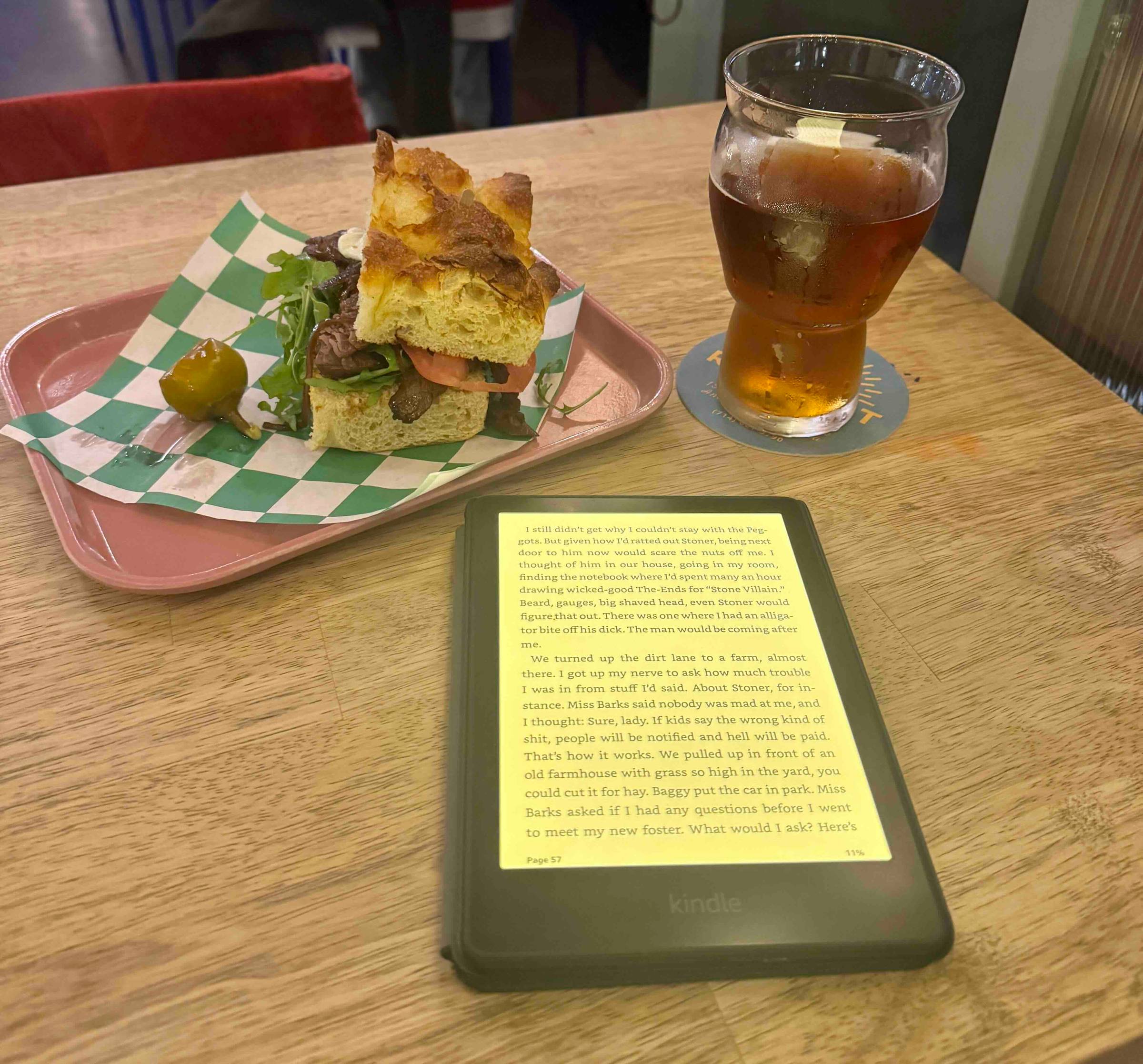 Roast beef on focaccia pairs well with books.