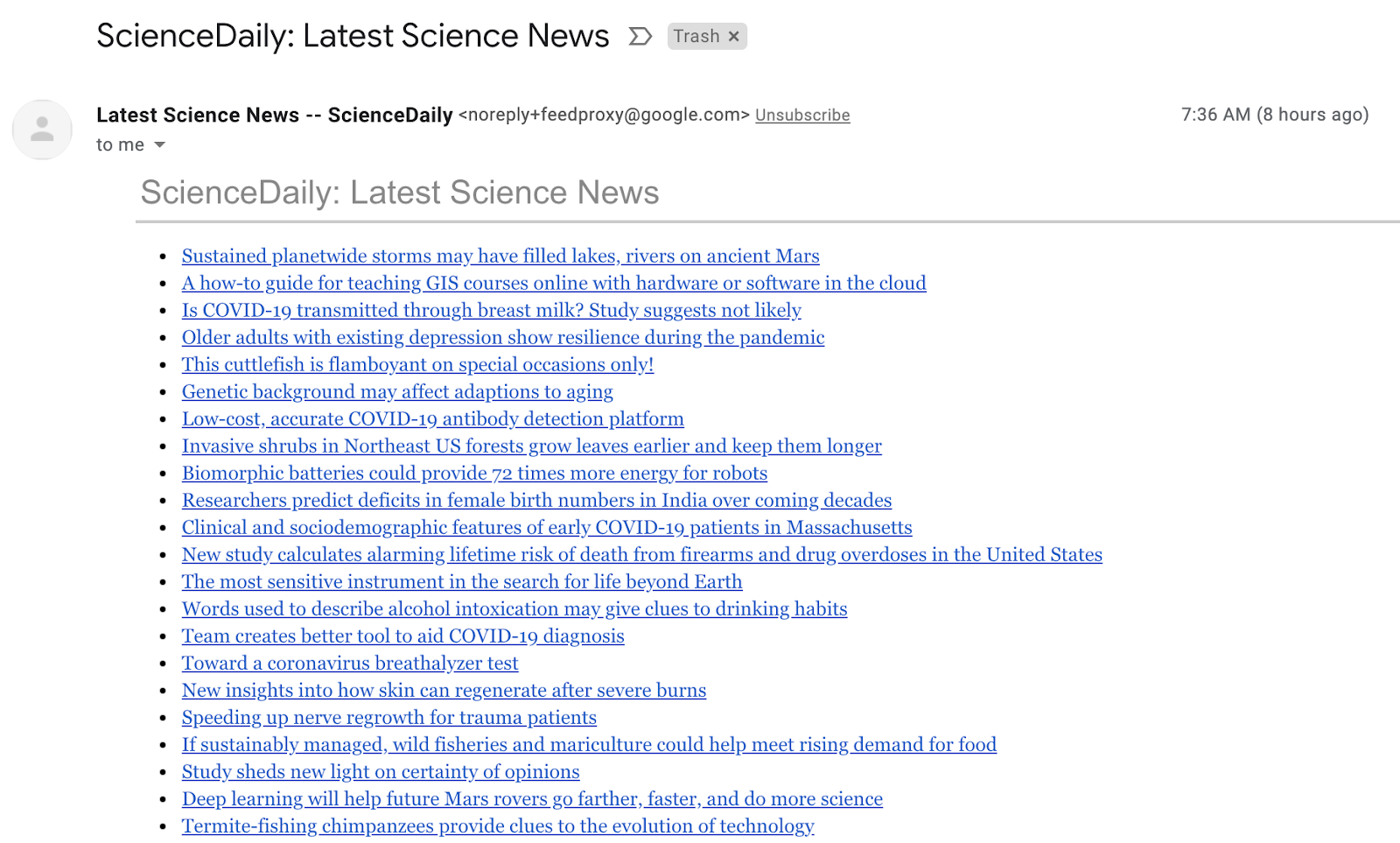 screenshot of an email from sciencedaily, a sources aggregator