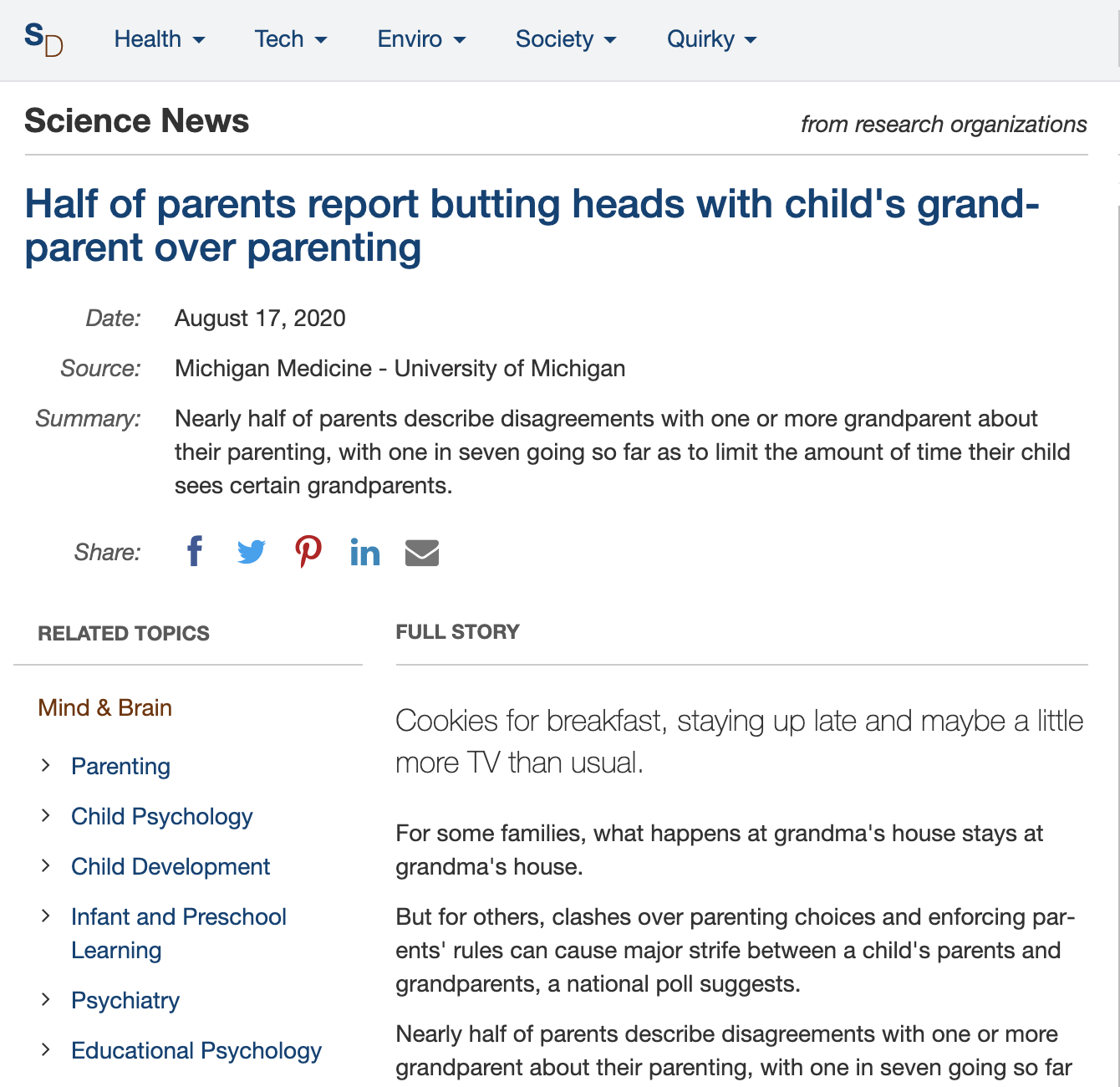 screenshot of a page on sciencedaily showing a new research report