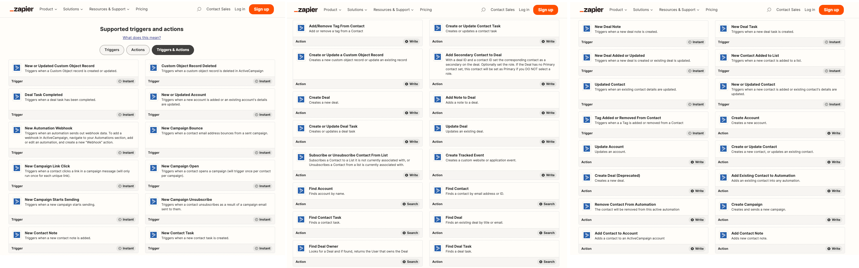 screenshot of Zapier options in ActiveCampaign