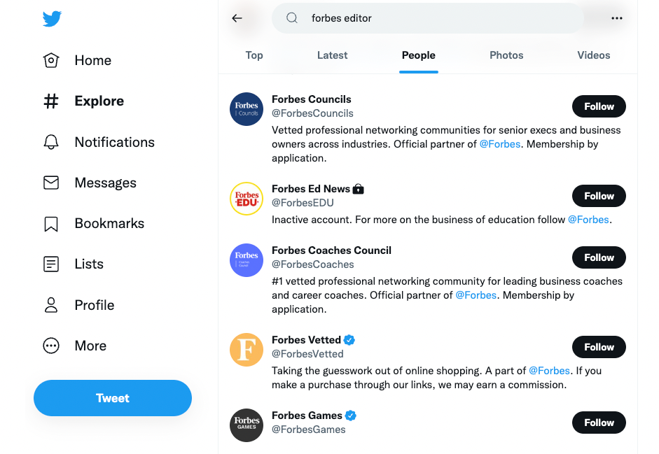 screenshot of different forbes accounts on twitter