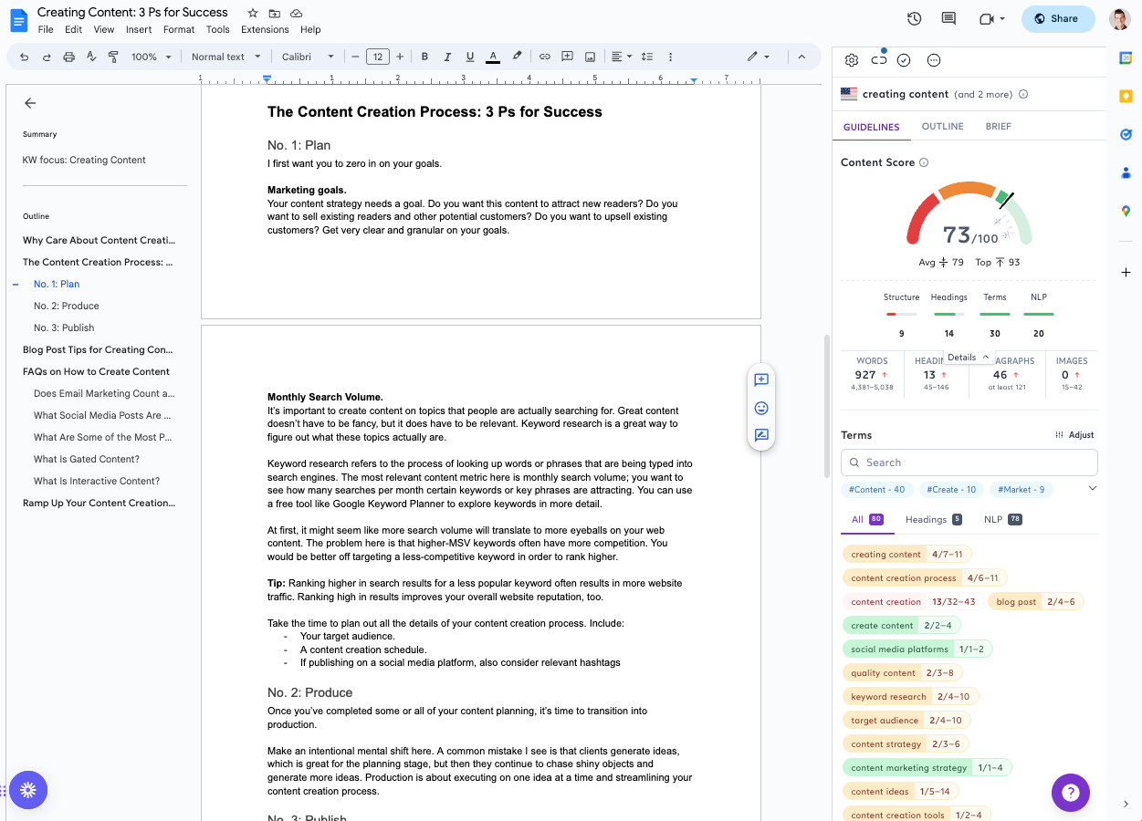 screenshot of a google doc with Surfer SEO recommendations