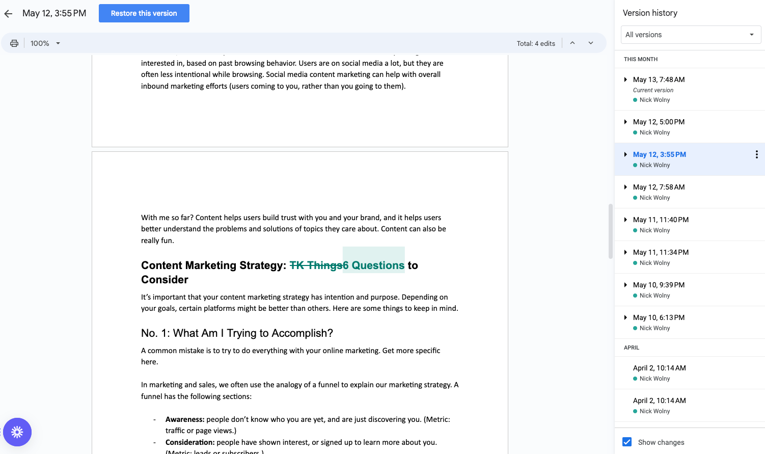 screenshot of the google docs track changes feature