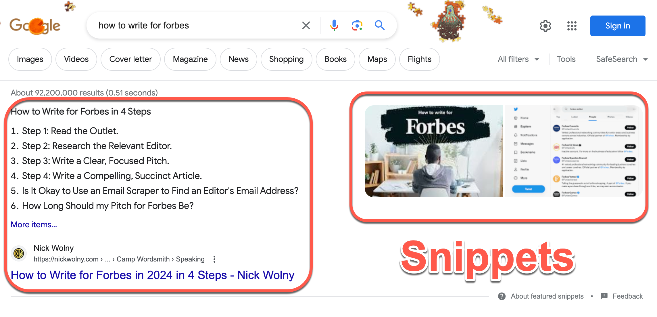 screenshot of a SERP on Google showing featured snippet to demonstrate the benefits of seo for writers