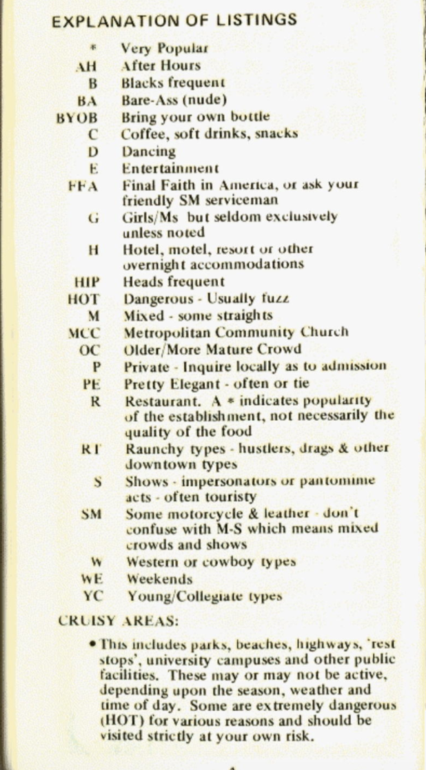 scan of table of contents from a gay travel guide