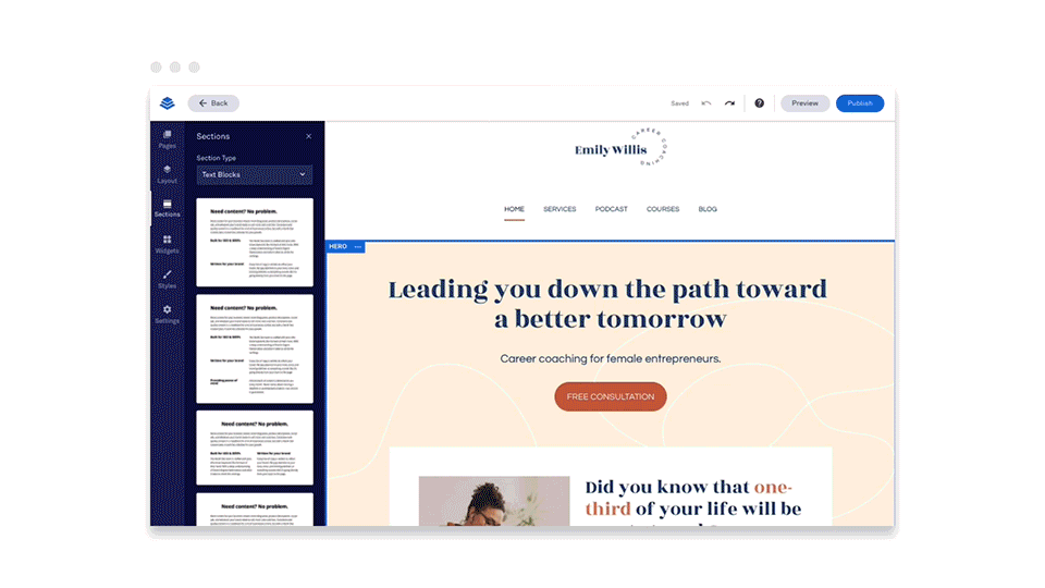 GIF of a section template being added to a new landing page to save time